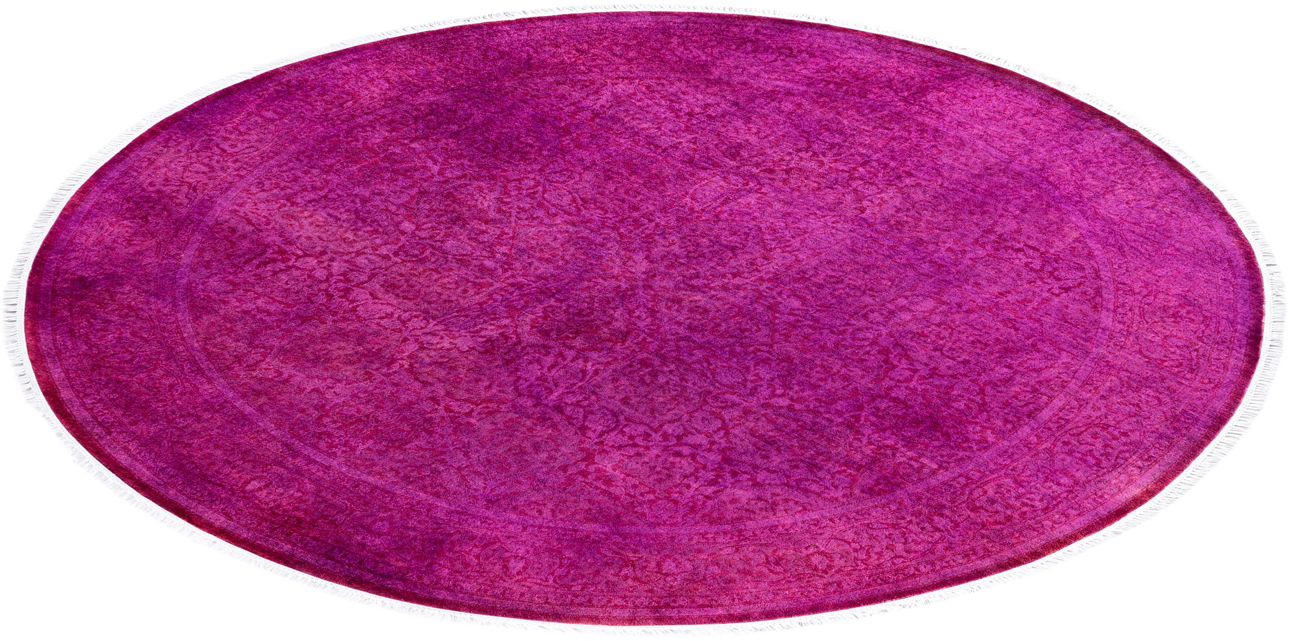 Contemporary Fine Vibrance Hand Knotted Wool Pink Round Area Rug  For Sale 4