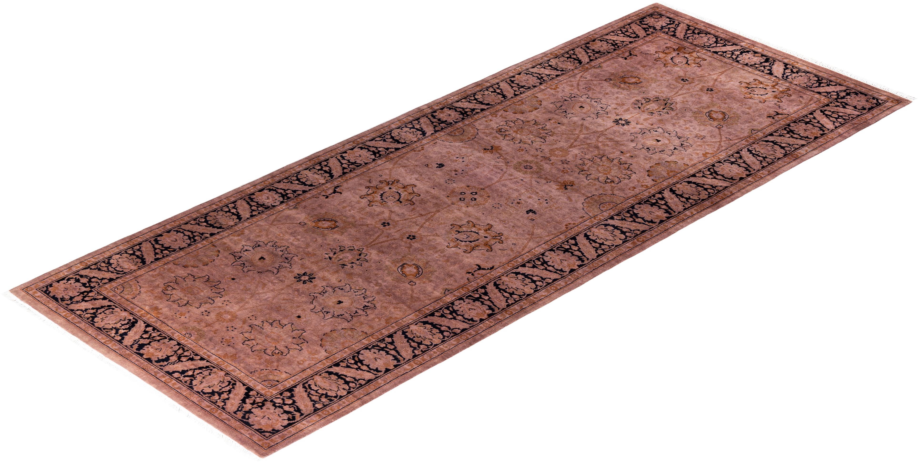 Contemporary Fine Vibrance Hand Knotted Wool Pink Runner For Sale 4