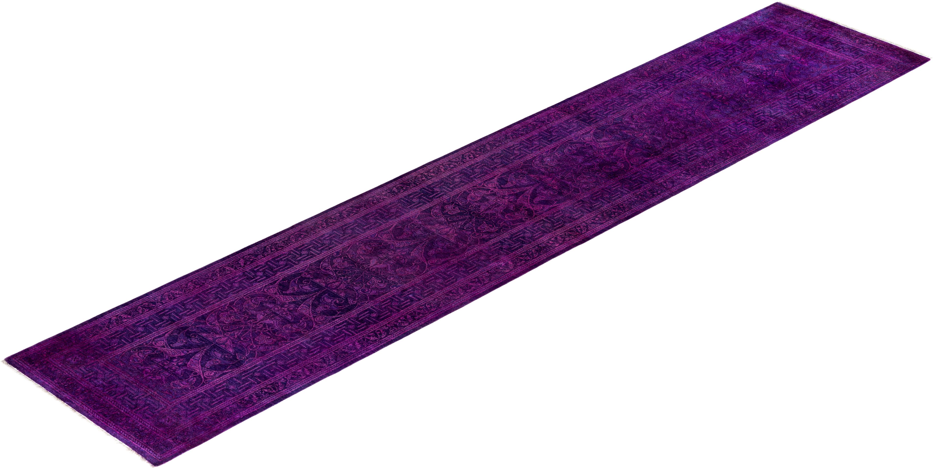 Contemporary Fine Vibrance Hand Knotted Wool Purple Runner For Sale 4