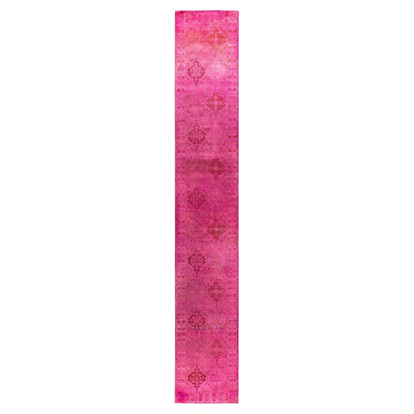 Contemporary Fine Vibrance Hand Knotted Wool Pink Runner For Sale