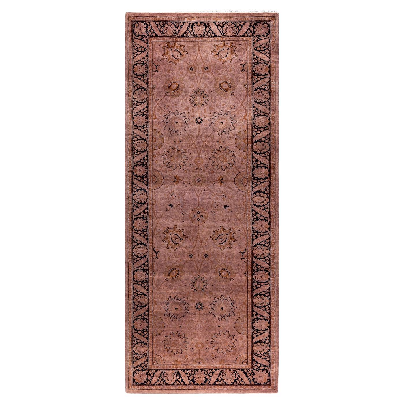 Contemporary Fine Vibrance Hand Knotted Wool Pink Runner For Sale
