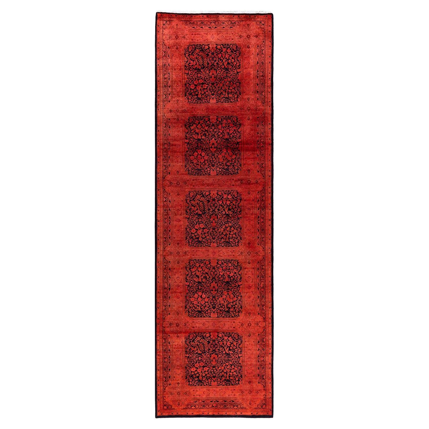 Contemporary Fine Vibrance Hand Knotted Wool Pink Runner  For Sale