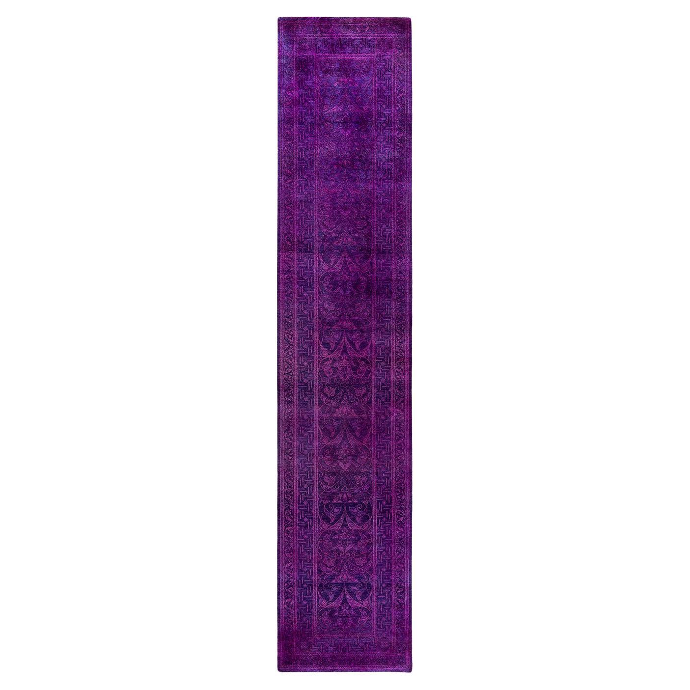 Contemporary Fine Vibrance Hand Knotted Wool Purple Runner For Sale