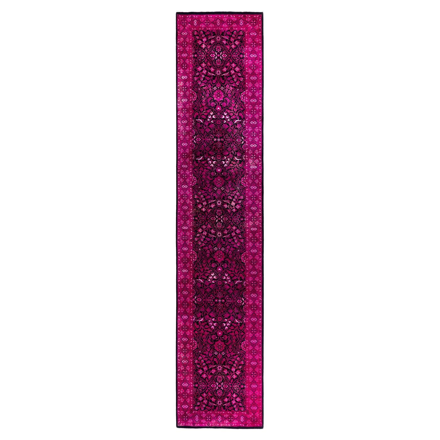 Contemporary Fine Vibrance Hand Knotted Wool Pink Runner  For Sale