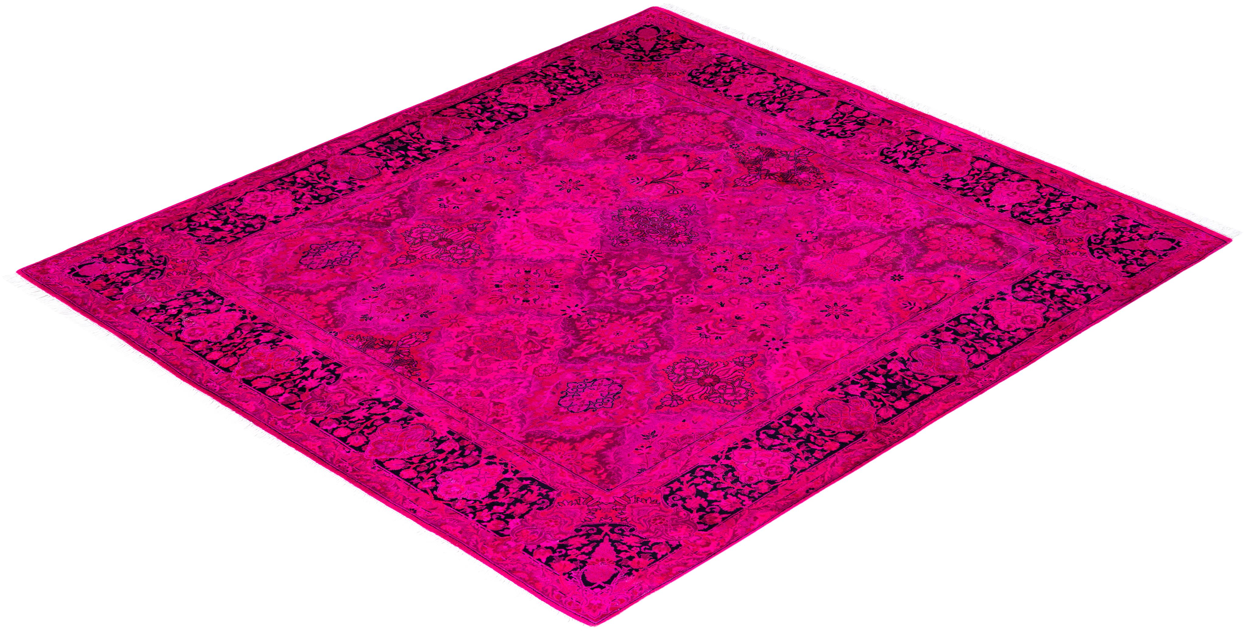 Contemporary Fine Vibrance Hand Knotted Wool Pink Square Area Rug For Sale 4