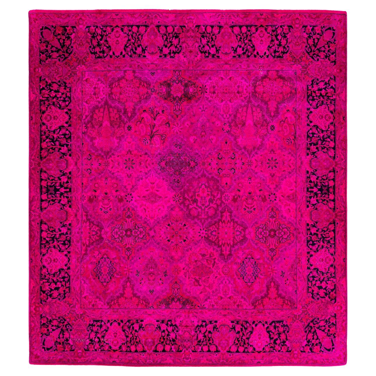 Contemporary Fine Vibrance Hand Knotted Wool Pink Square Area Rug For Sale