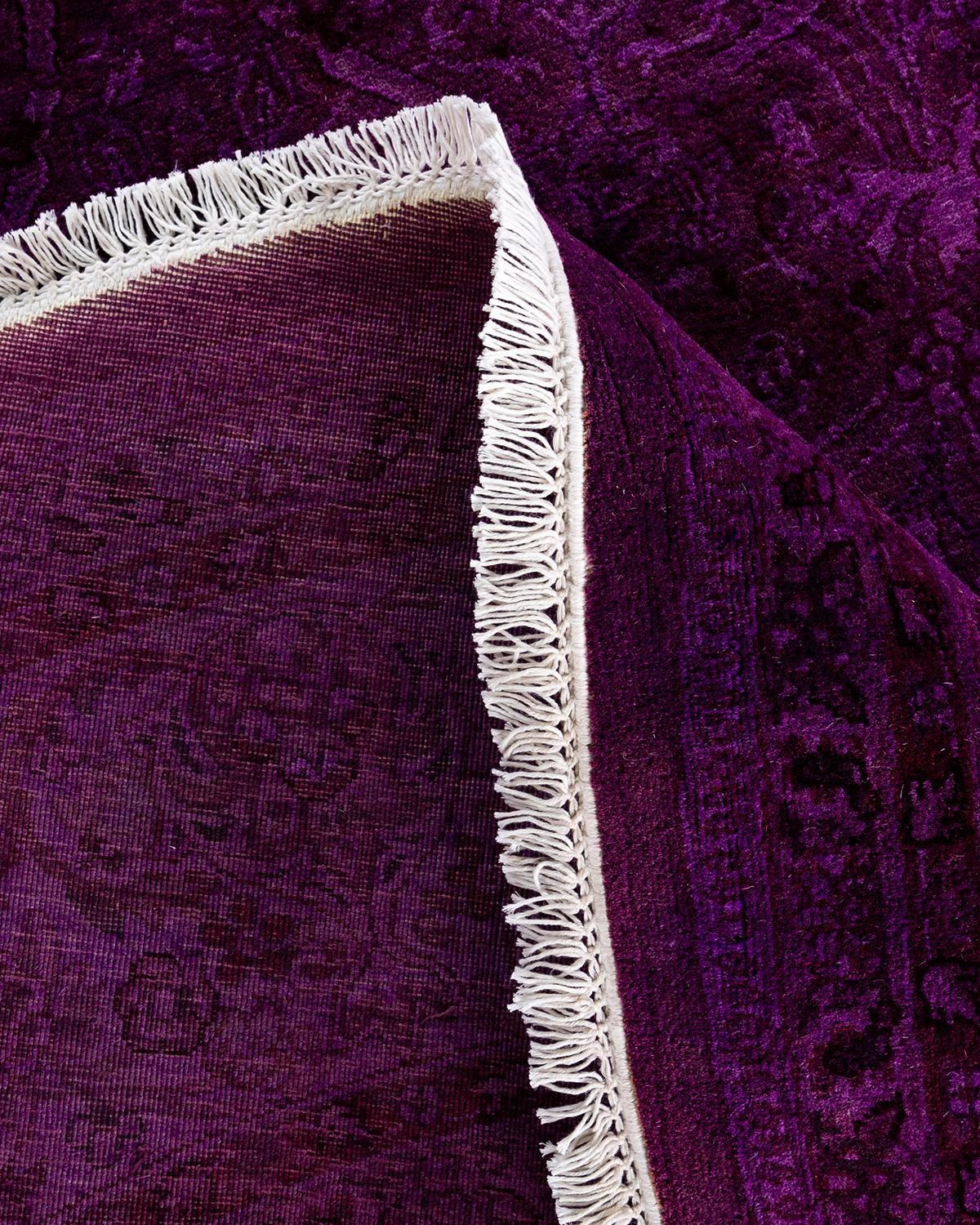 Contemporary Fine Vibrance Hand Knotted Wool Purple Round Area Rug For Sale 2