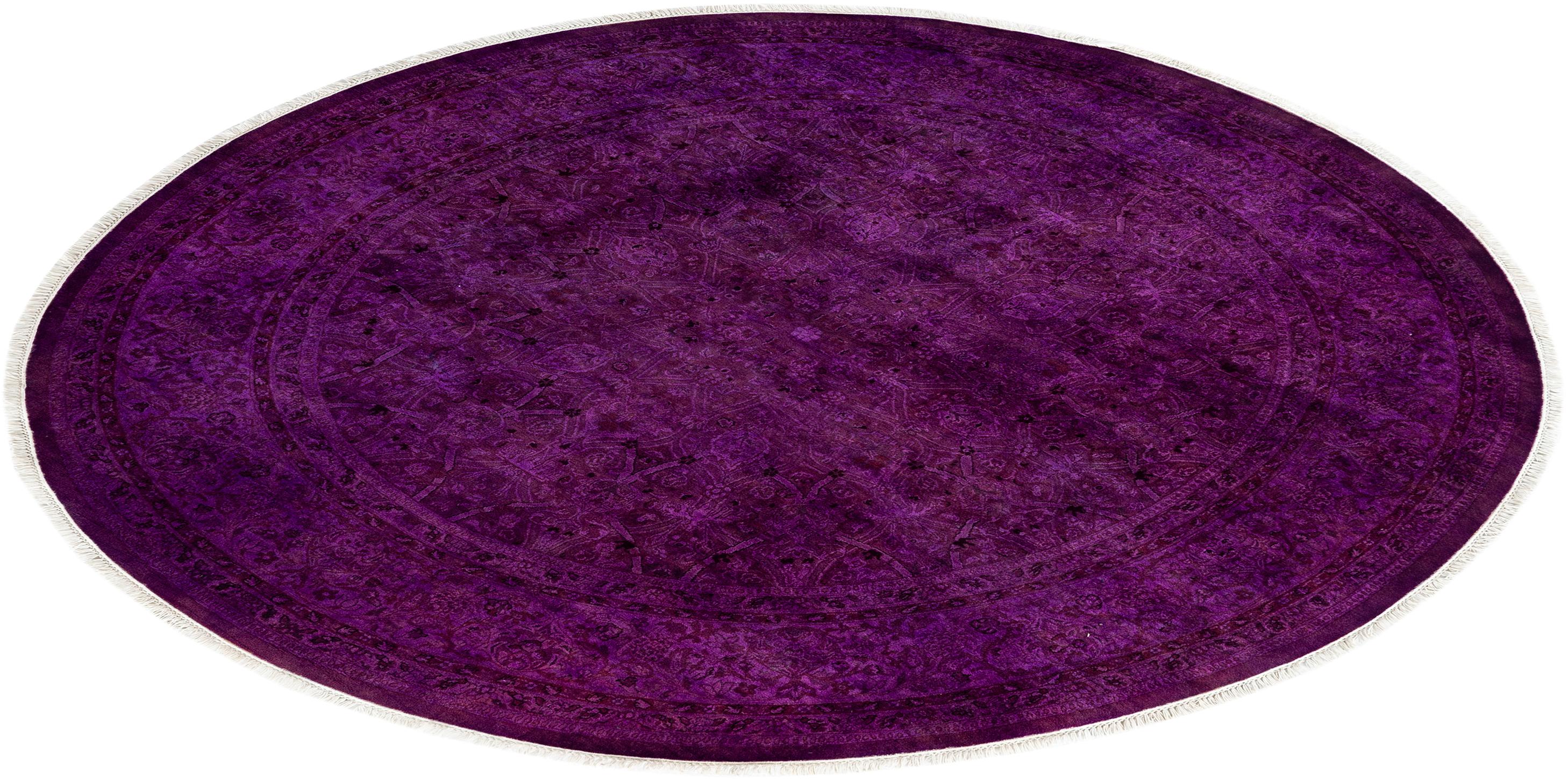 Contemporary Fine Vibrance Hand Knotted Wool Purple Round Area Rug For Sale 4