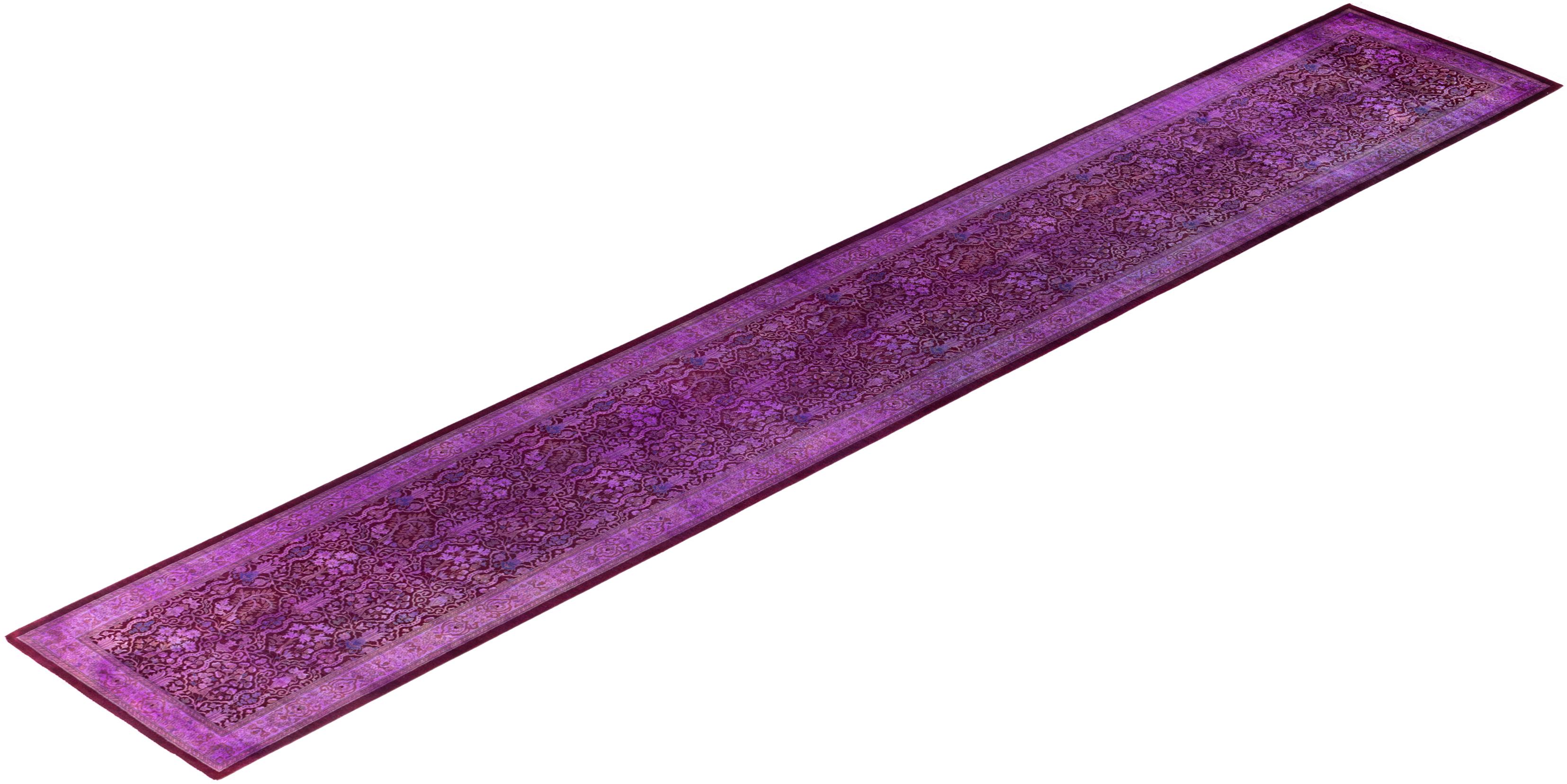 Contemporary Fine Vibrance Hand Knotted Wool Purple Runner  For Sale 4