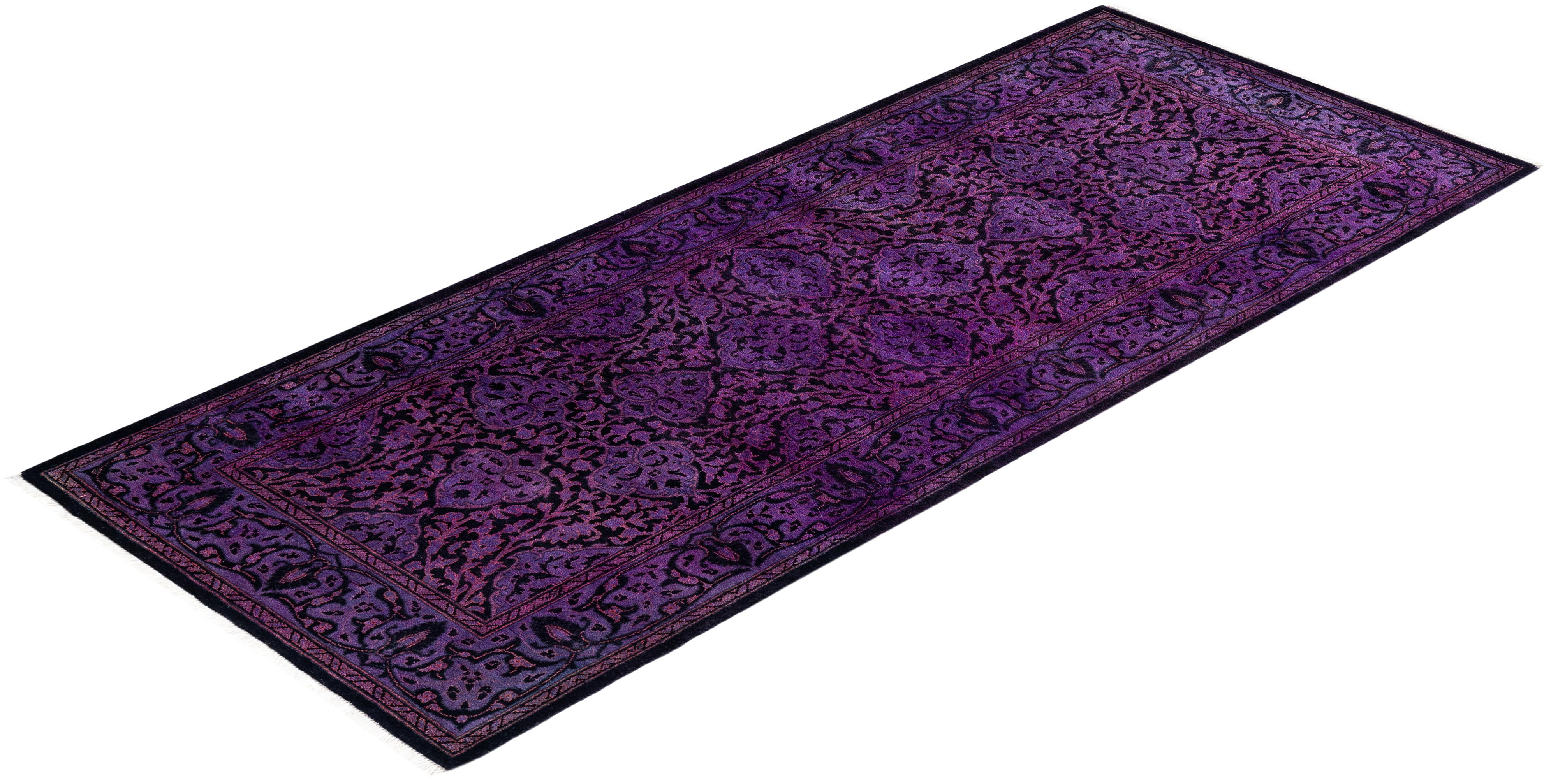Contemporary Fine Vibrance Hand Knotted Wool Purple Runner For Sale 4