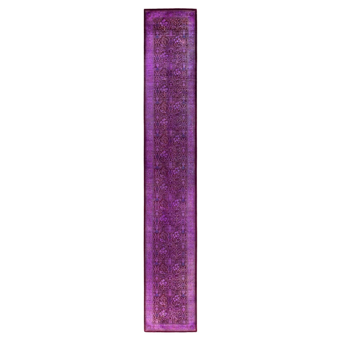 Contemporary Fine Vibrance Hand Knotted Wool Purple Runner  For Sale