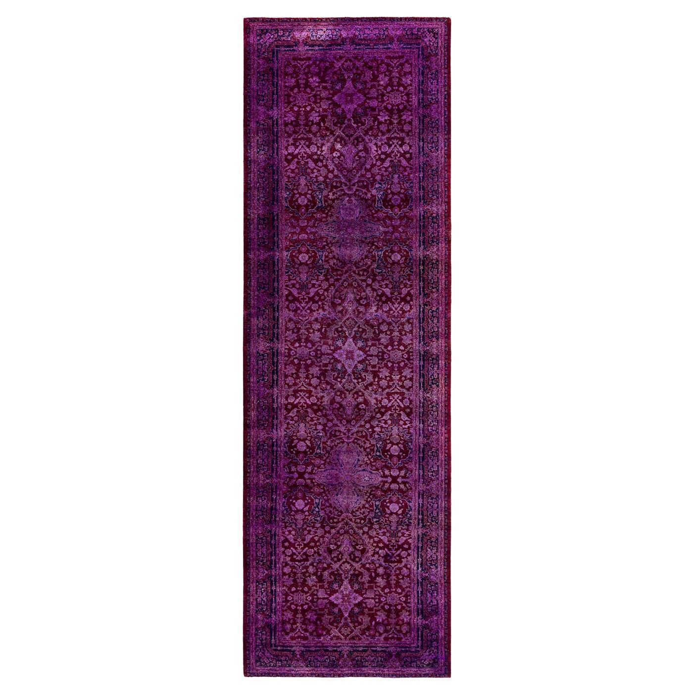 Contemporary Fine Vibrance Hand Knotted Wool Purple Runner  For Sale