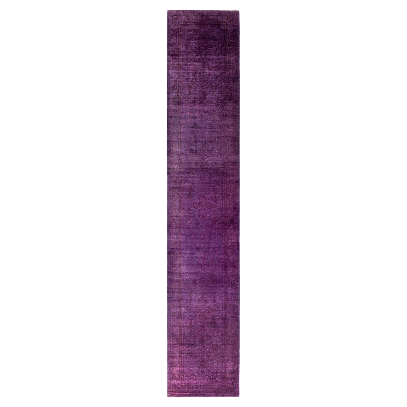 Contemporary Fine Vibrance Hand Knotted Wool Purple Runner  For Sale