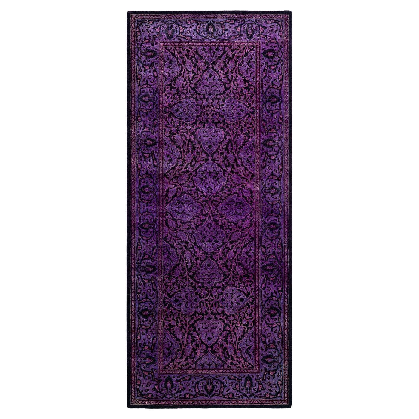 Contemporary Fine Vibrance Hand Knotted Wool Purple Runner For Sale