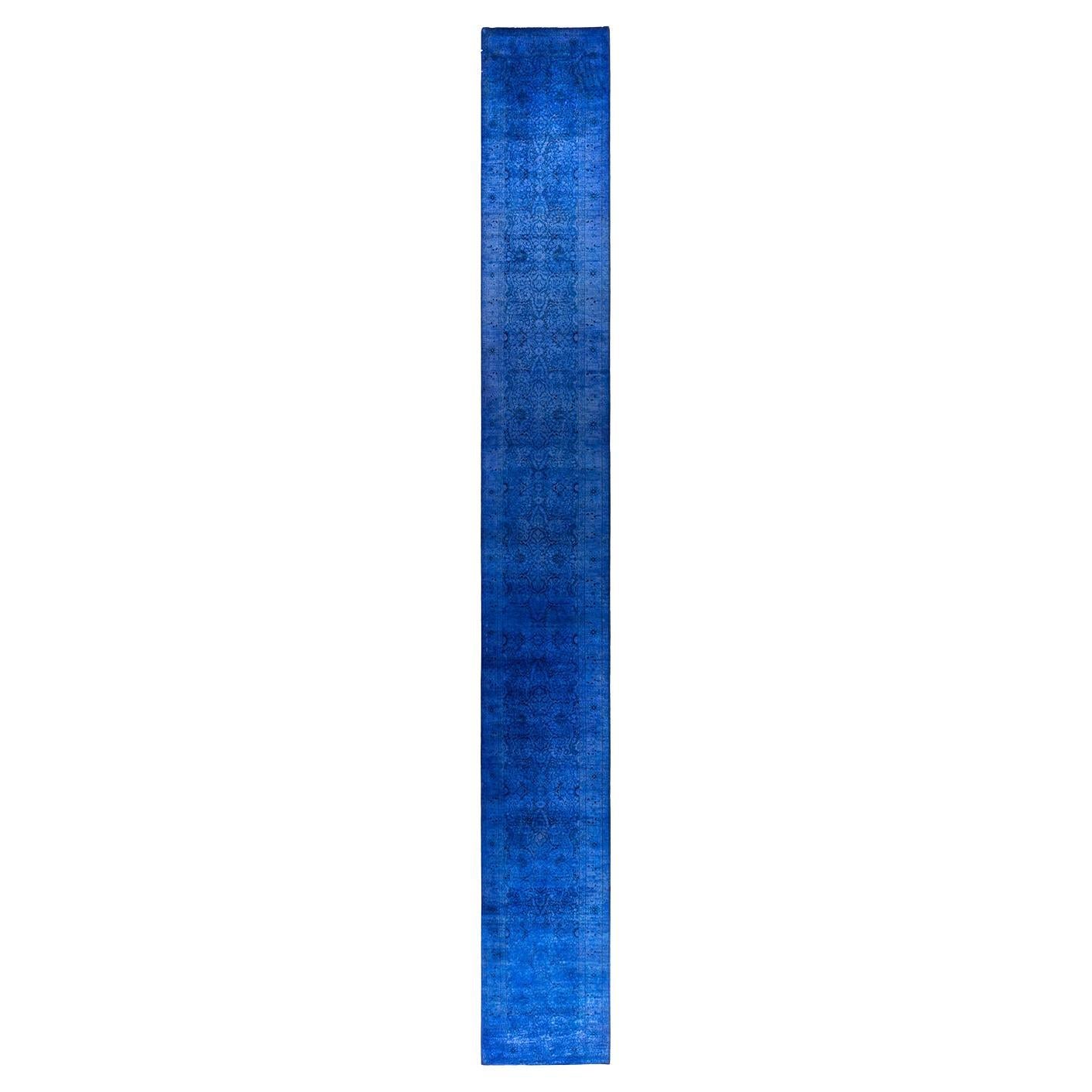 Contemporary Fine Vibrance Hand Knotted Wool Blue Runner For Sale