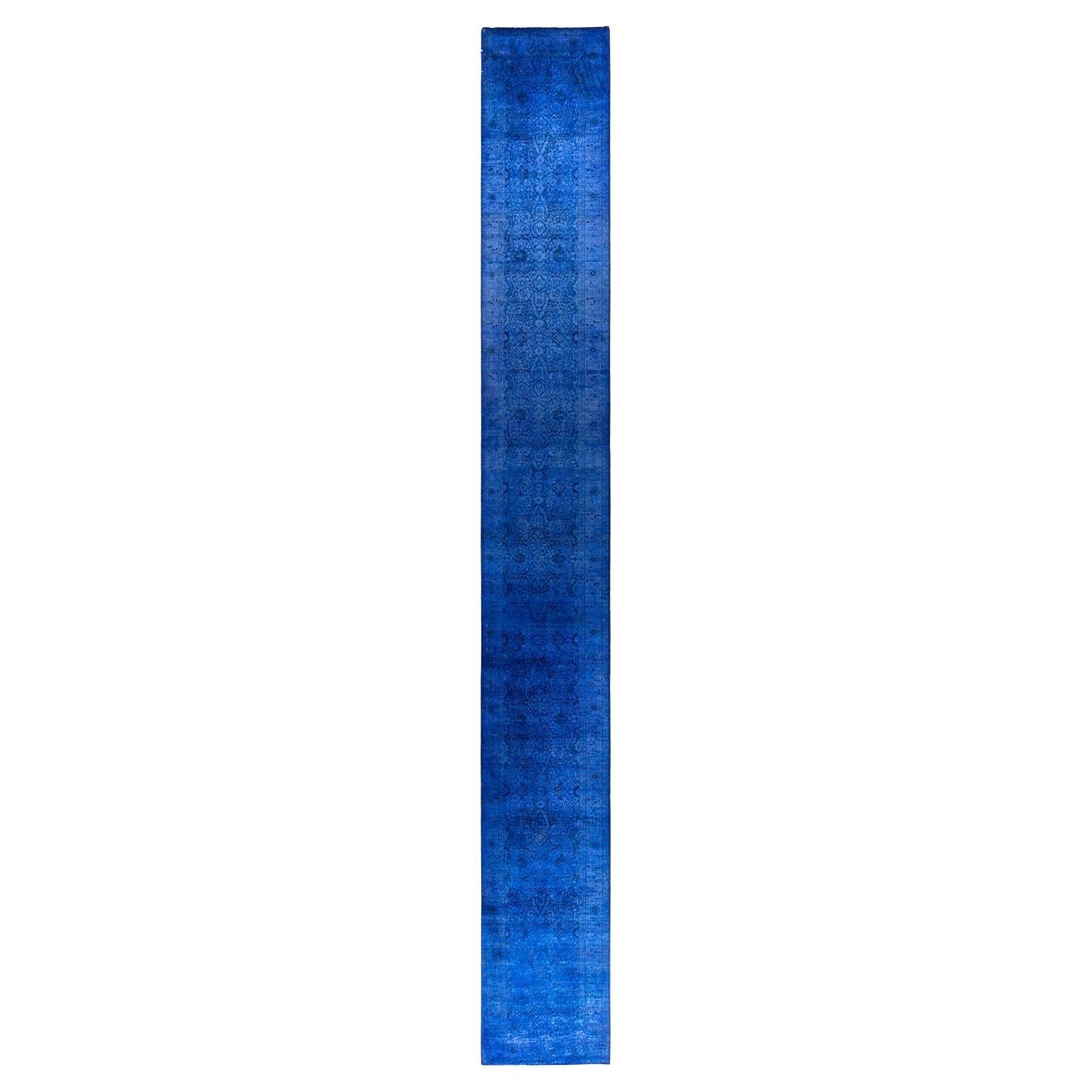 Contemporary Fine Vibrance Hand Knotted Wool Blue Runner