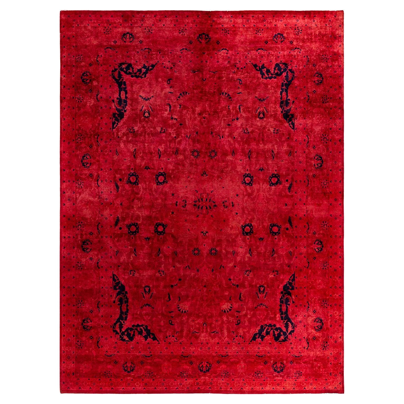 Contemporary Fine Vibrance Hand Knotted Wool Red Area Rug For Sale