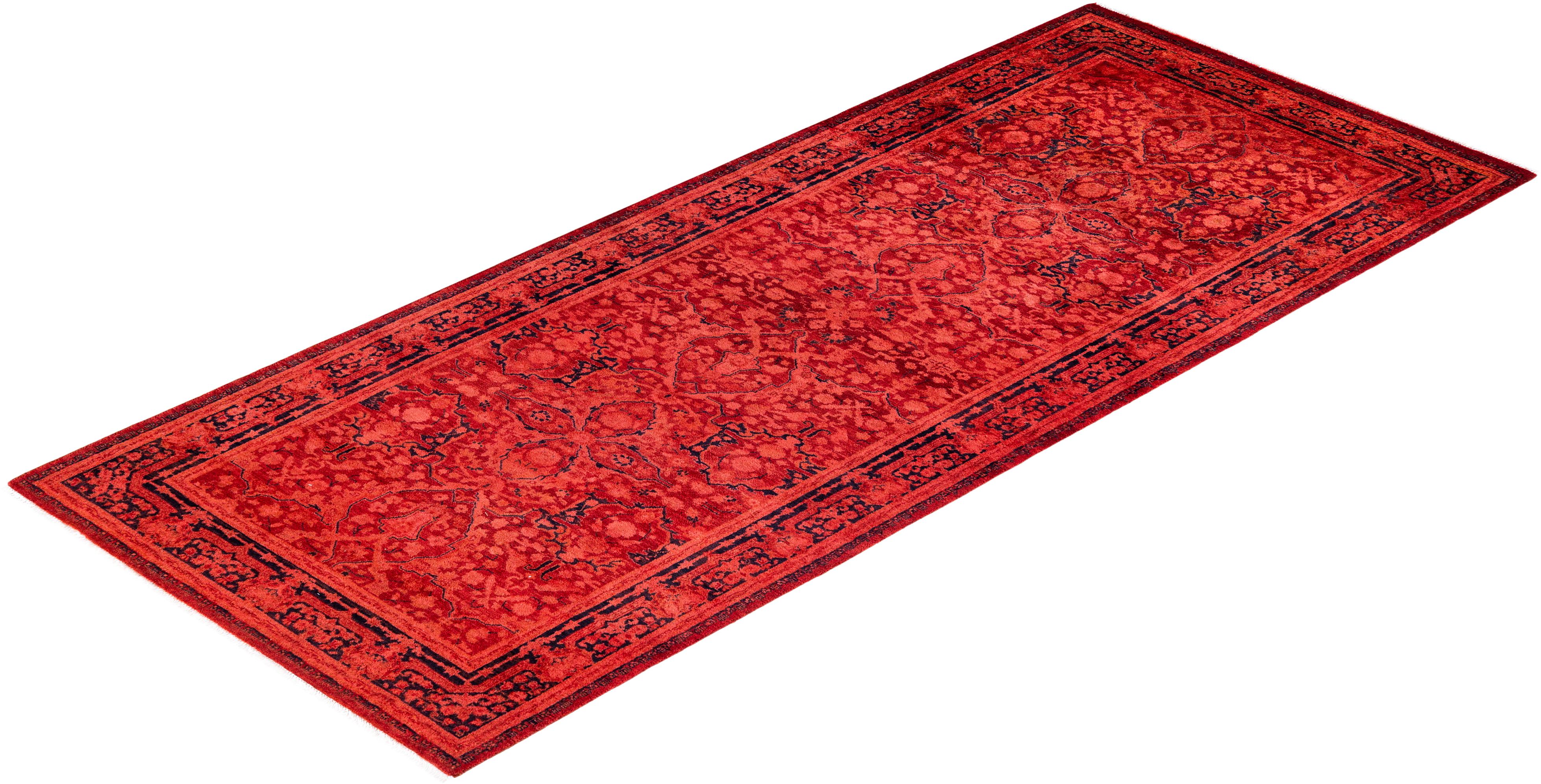 Contemporary Fine Vibrance Hand Knotted Wool Red Runner  For Sale 4
