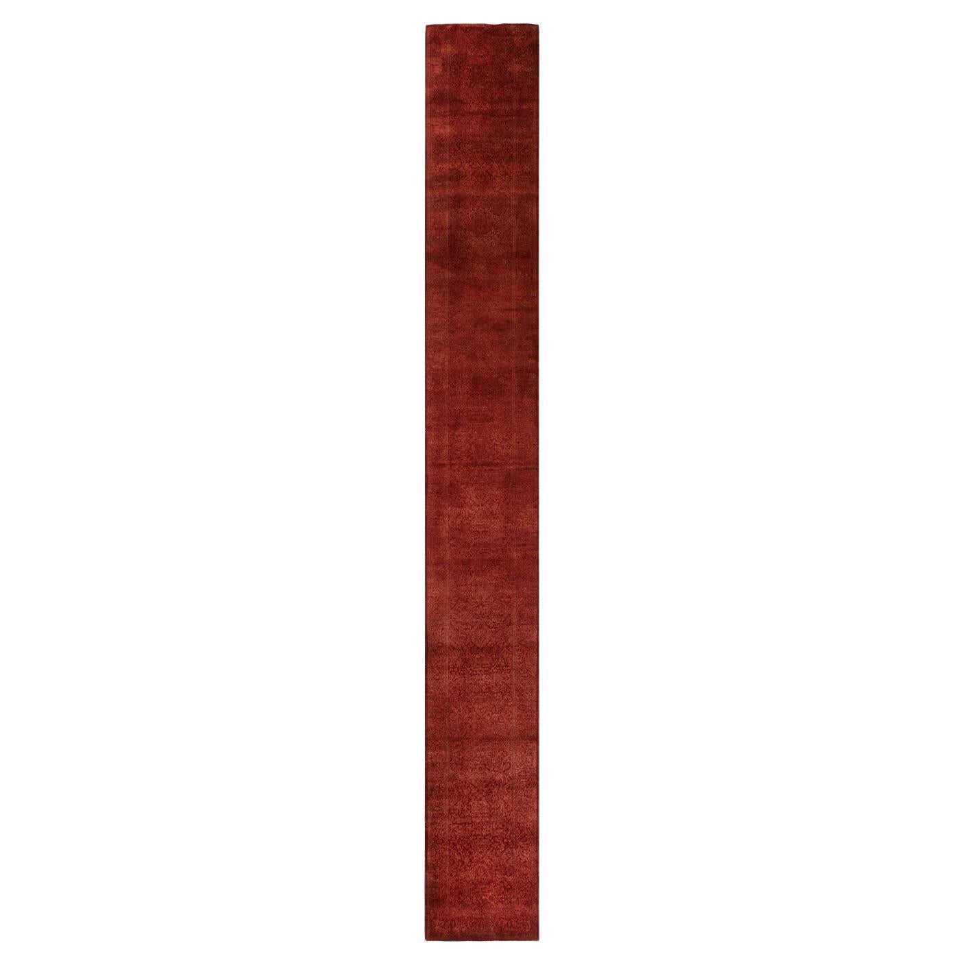 Contemporary Fine Vibrance Hand Knotted Wool Red Runner For Sale