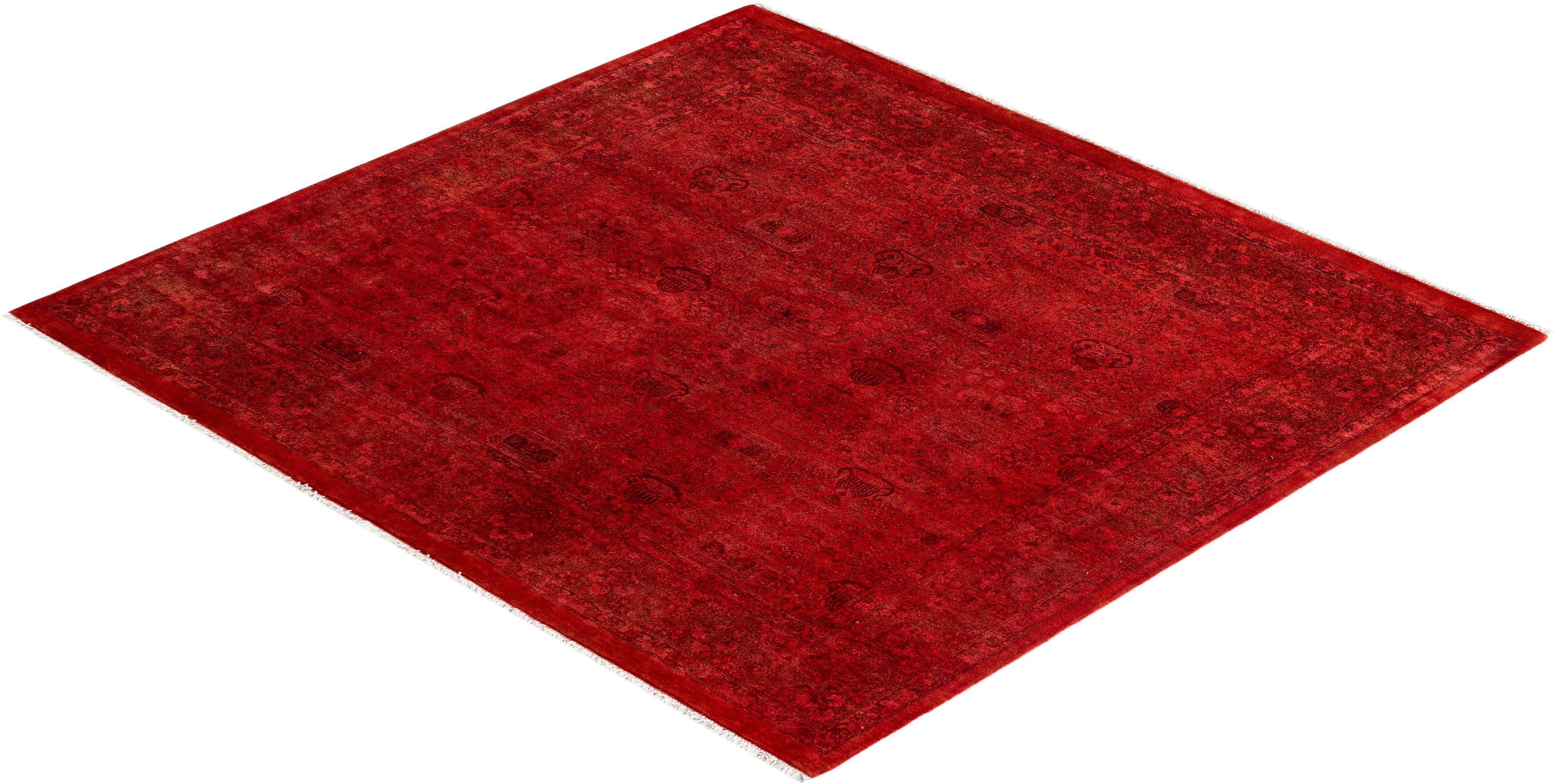 Contemporary Fine Vibrance Hand Knotted Wool Red Square Area Rug  For Sale 4