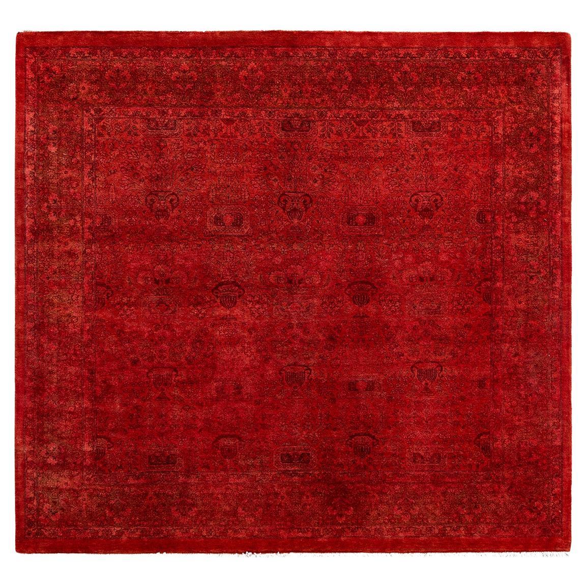 Contemporary Fine Vibrance Hand Knotted Wool Red Square Area Rug  For Sale