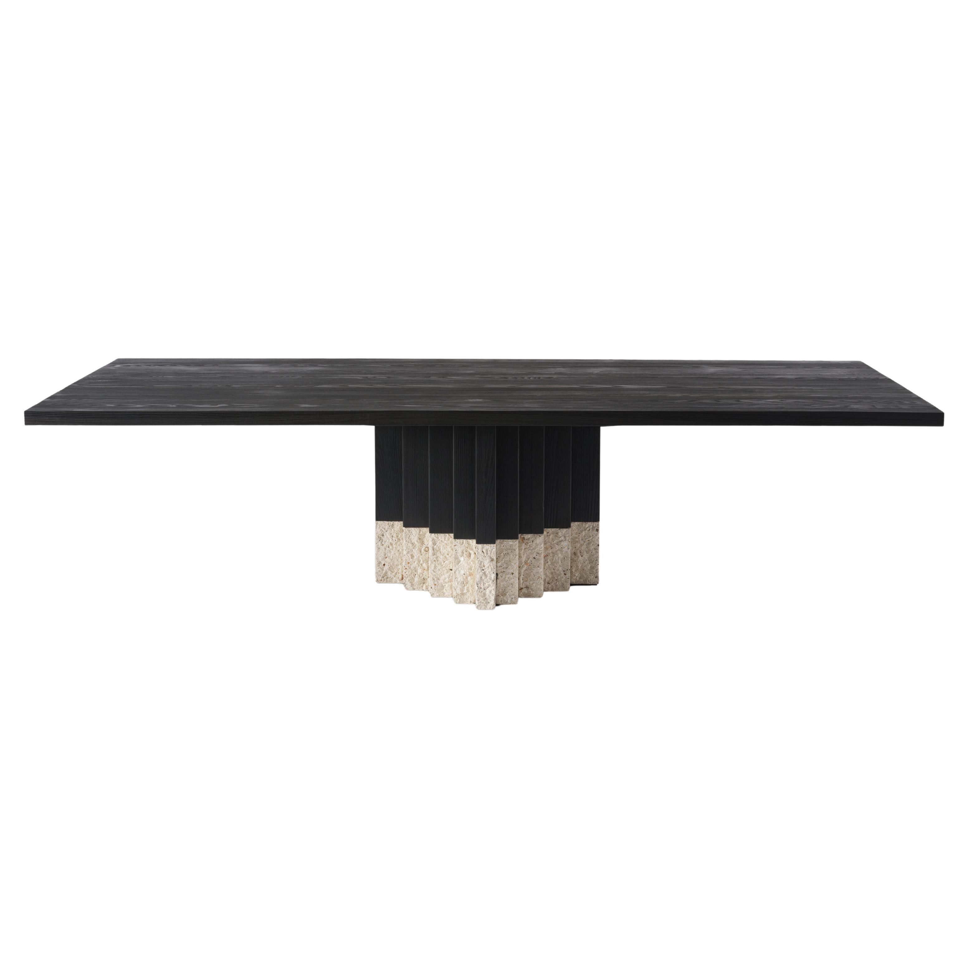 Table de salle à manger contemporaine FIRA en frêne brûlé et pierre de granit
