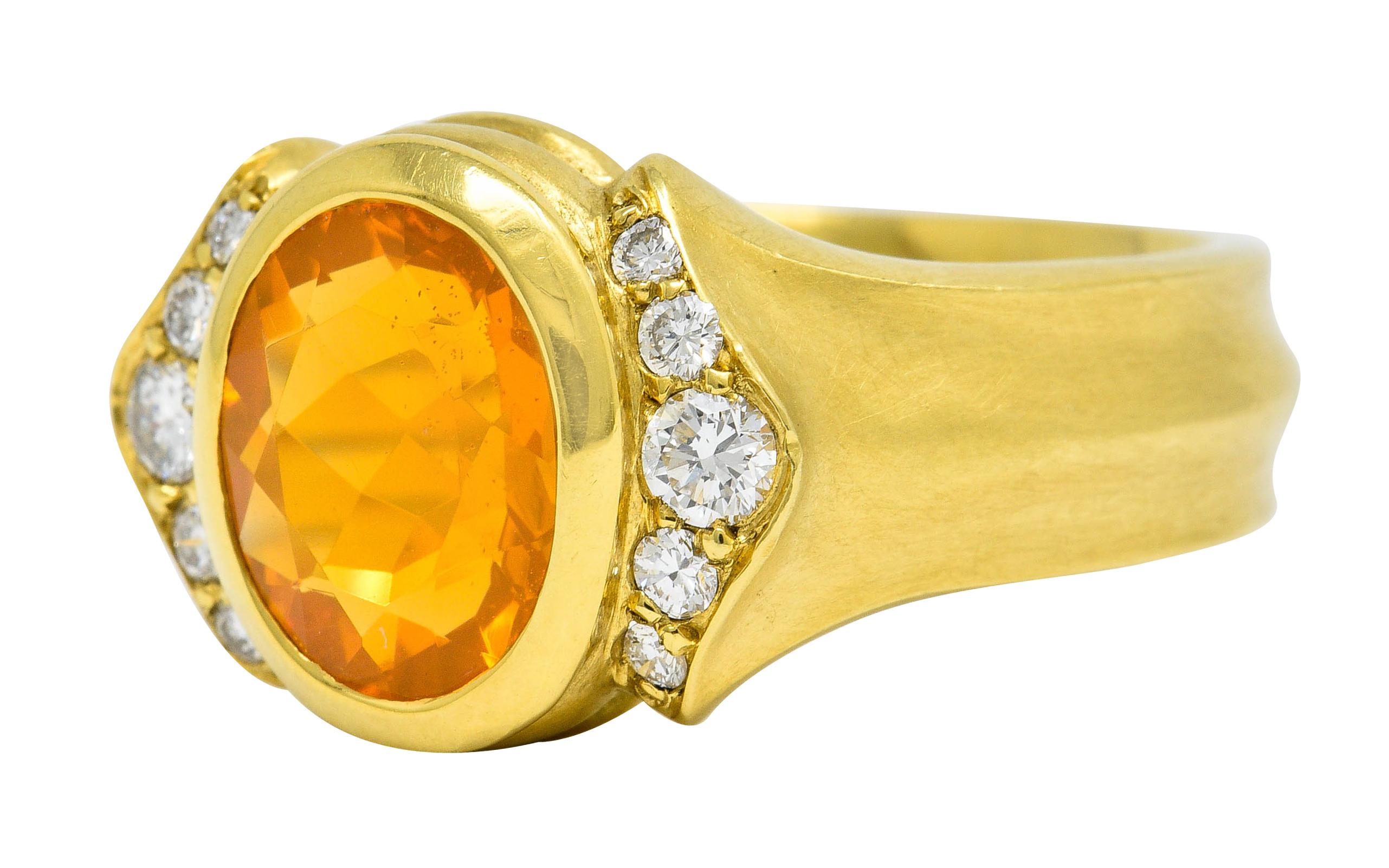 Women's or Men's Contemporary Fire Opal Diamond 18 Karat Gold Gemstone Ring