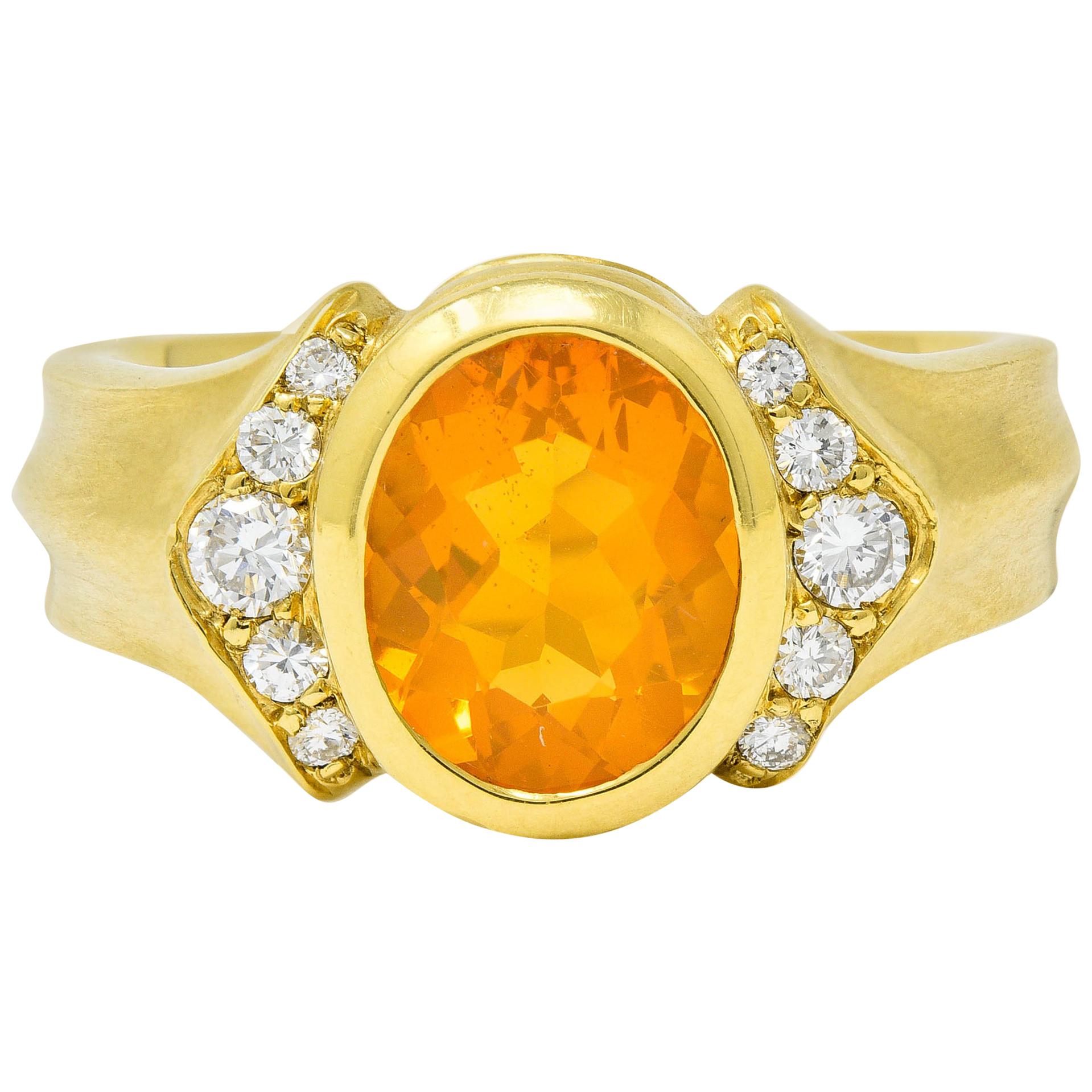 Contemporary Fire Opal Diamond 18 Karat Gold Gemstone Ring
