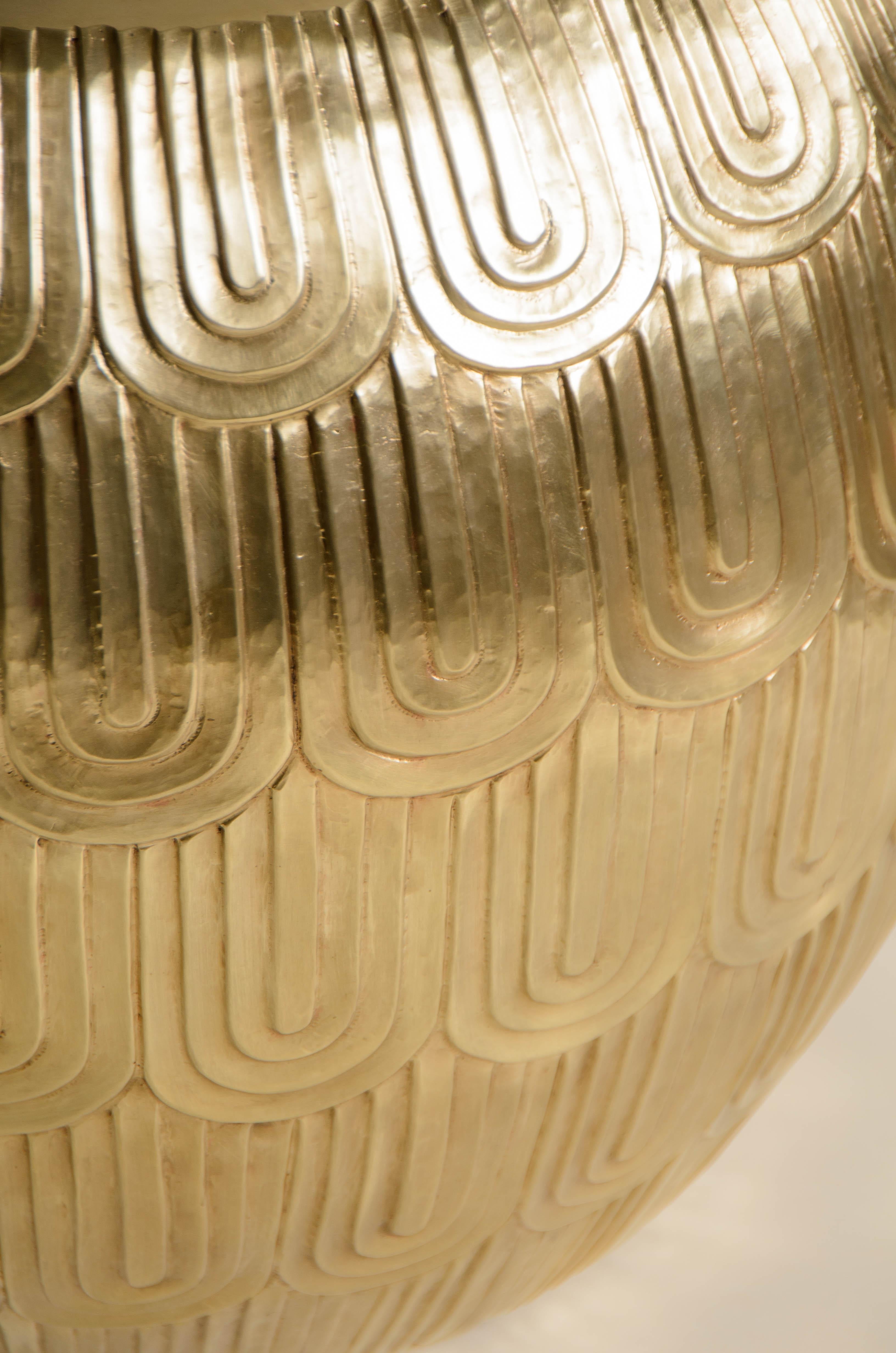 Repoussé Contemporary Fish Scale Design Low Drumstool in Brass by Robert Kuo, Limited For Sale