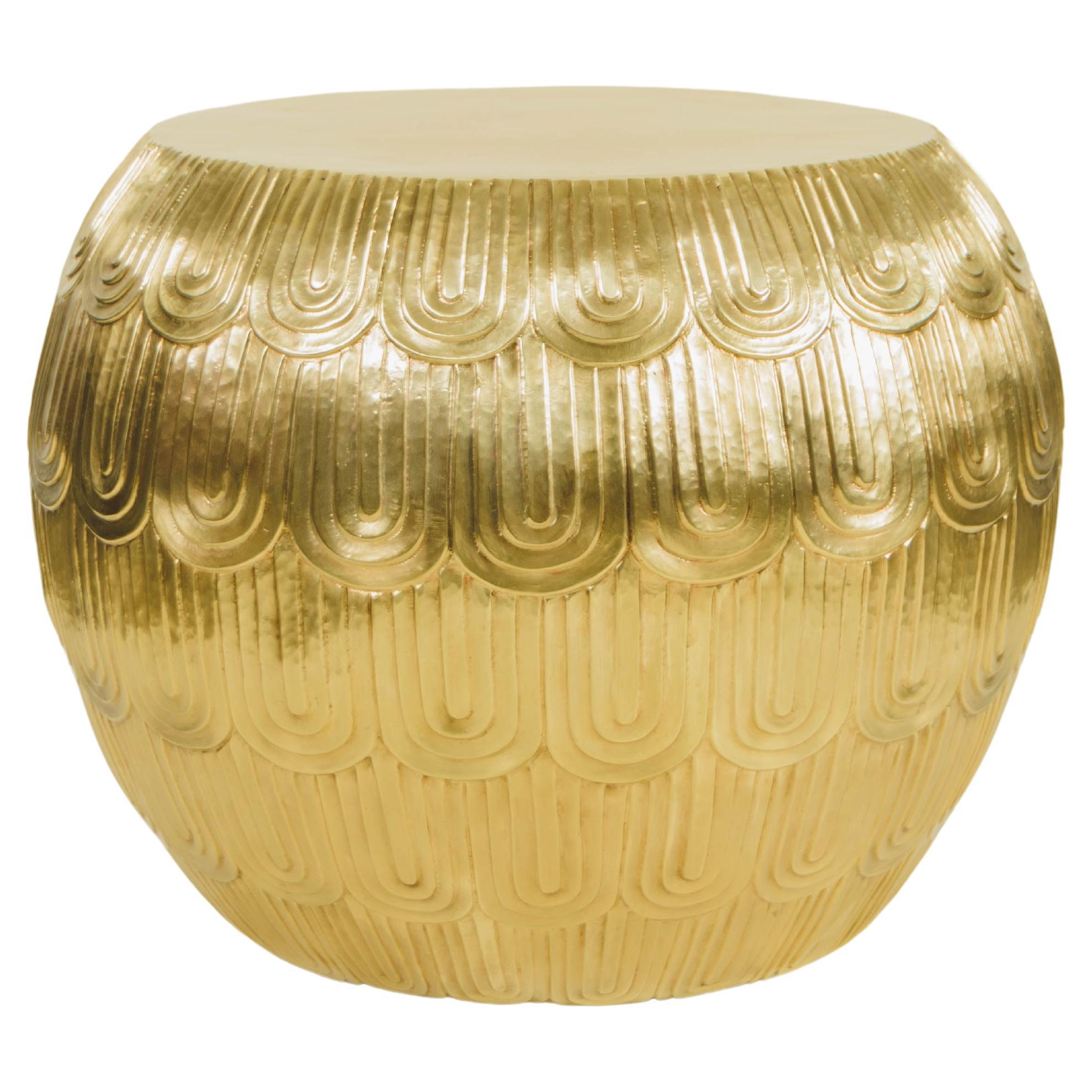 Contemporary Fish Scale Design Low Drumstool in Brass by Robert Kuo, Limited For Sale