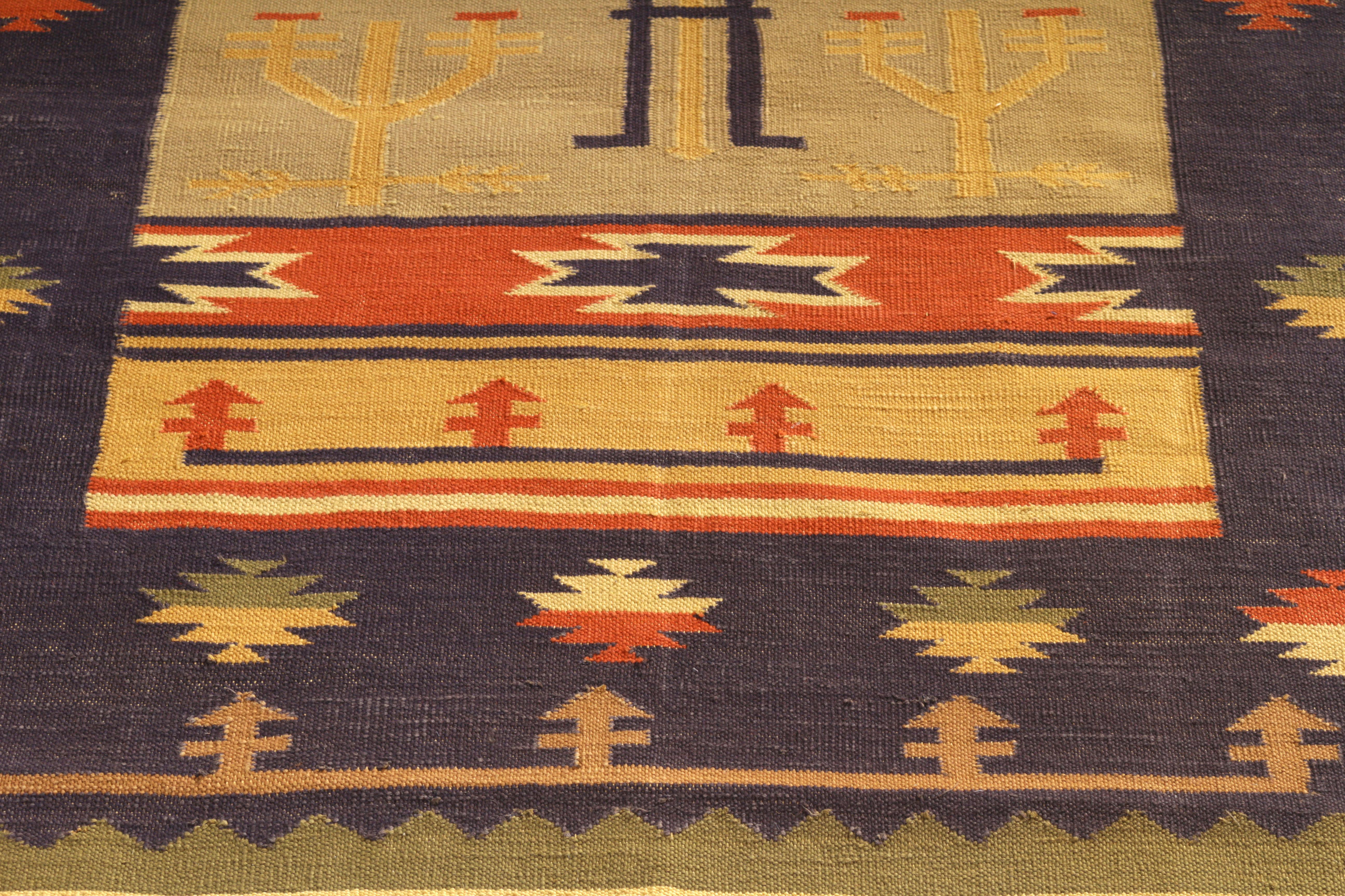 Hand-Woven Contemporary Flat-Weave Rug Blue Tribal Pattern by Rug & Kilim