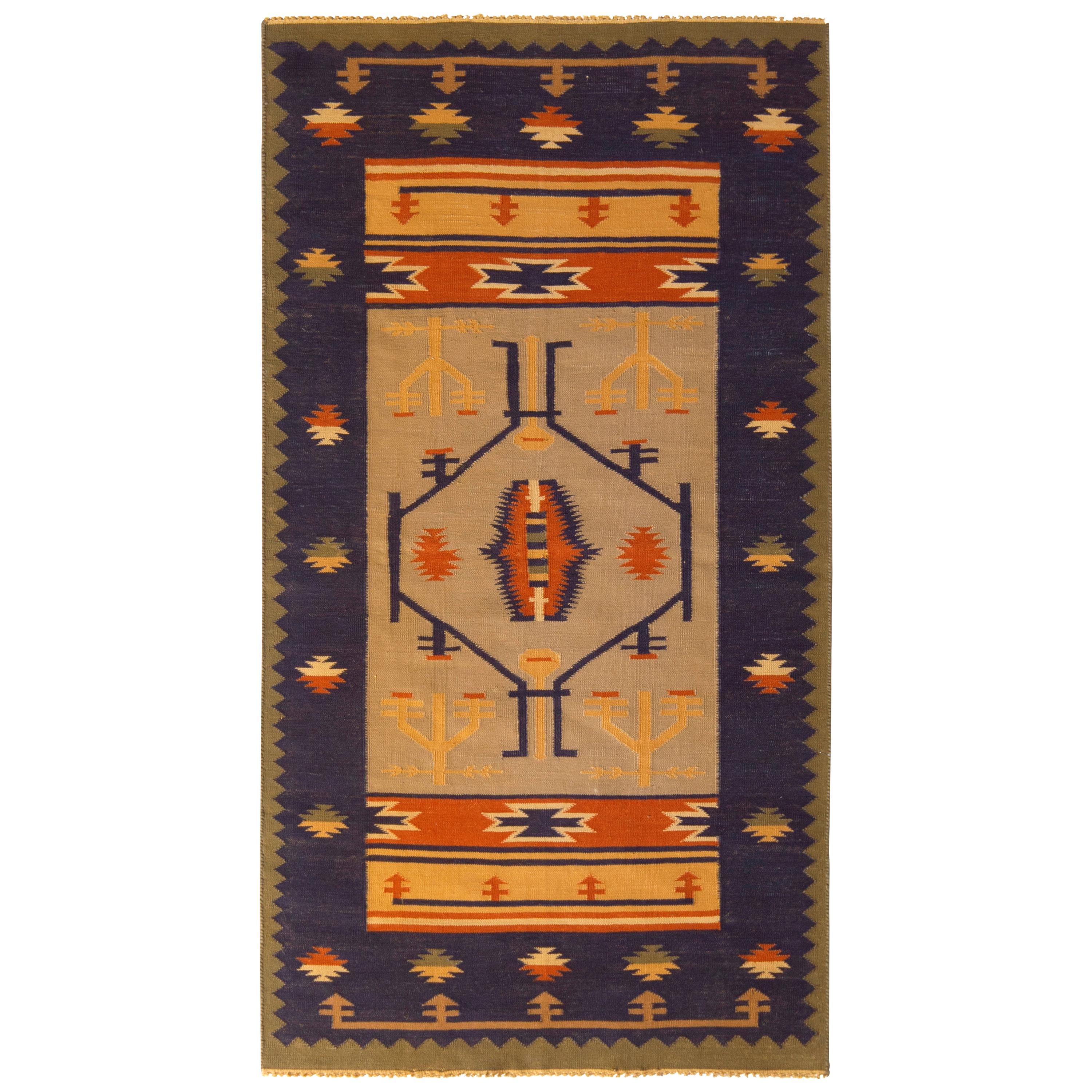 Contemporary Flat-Weave Rug Blue Tribal Pattern by Rug & Kilim