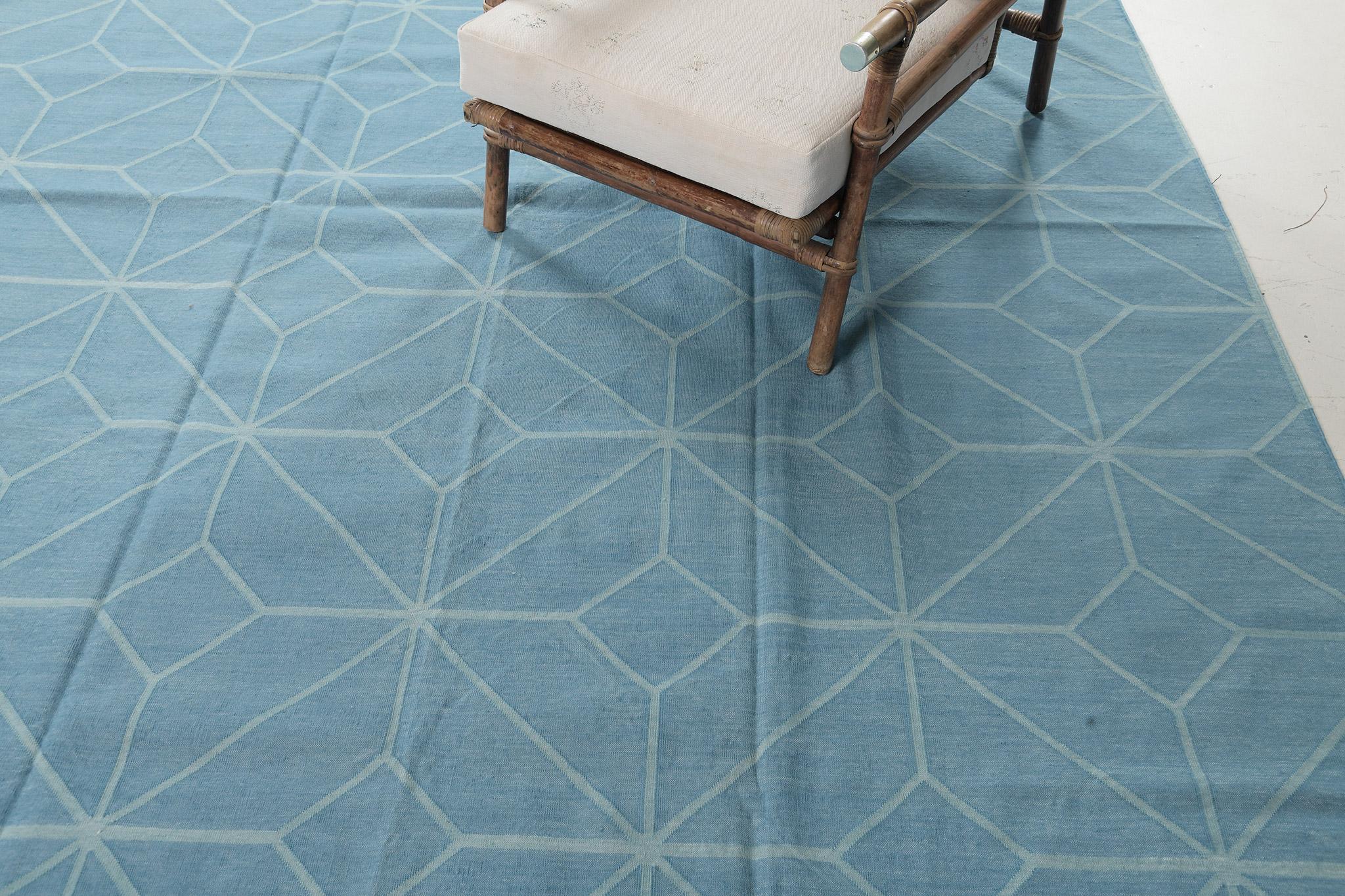 Indian Contemporary Flat-Weave Rug Cielo Collection Diamante Turquoise For Sale
