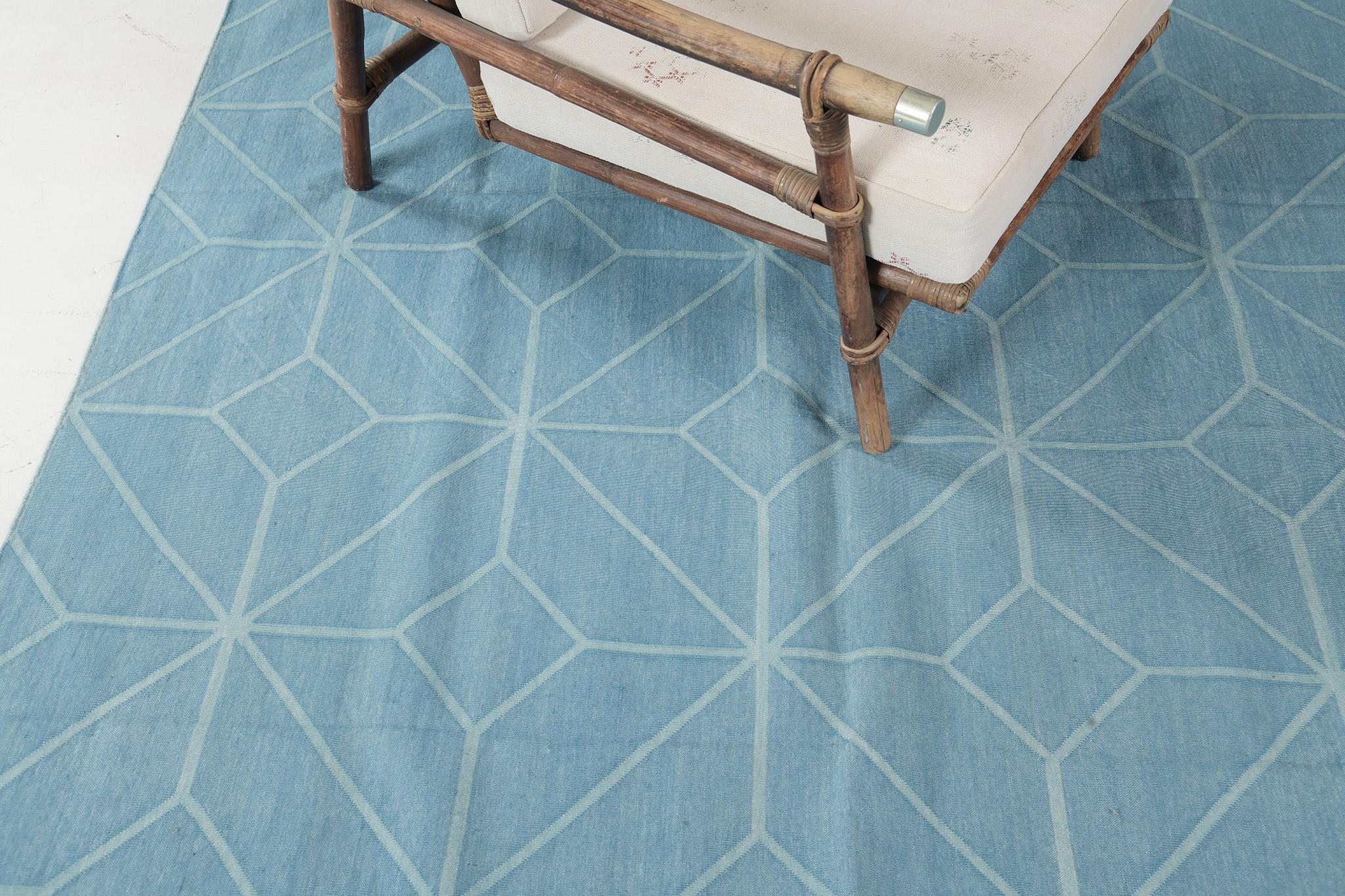 Hand-Knotted Contemporary Flat-Weave Rug Cielo Collection Diamante Turquoise For Sale