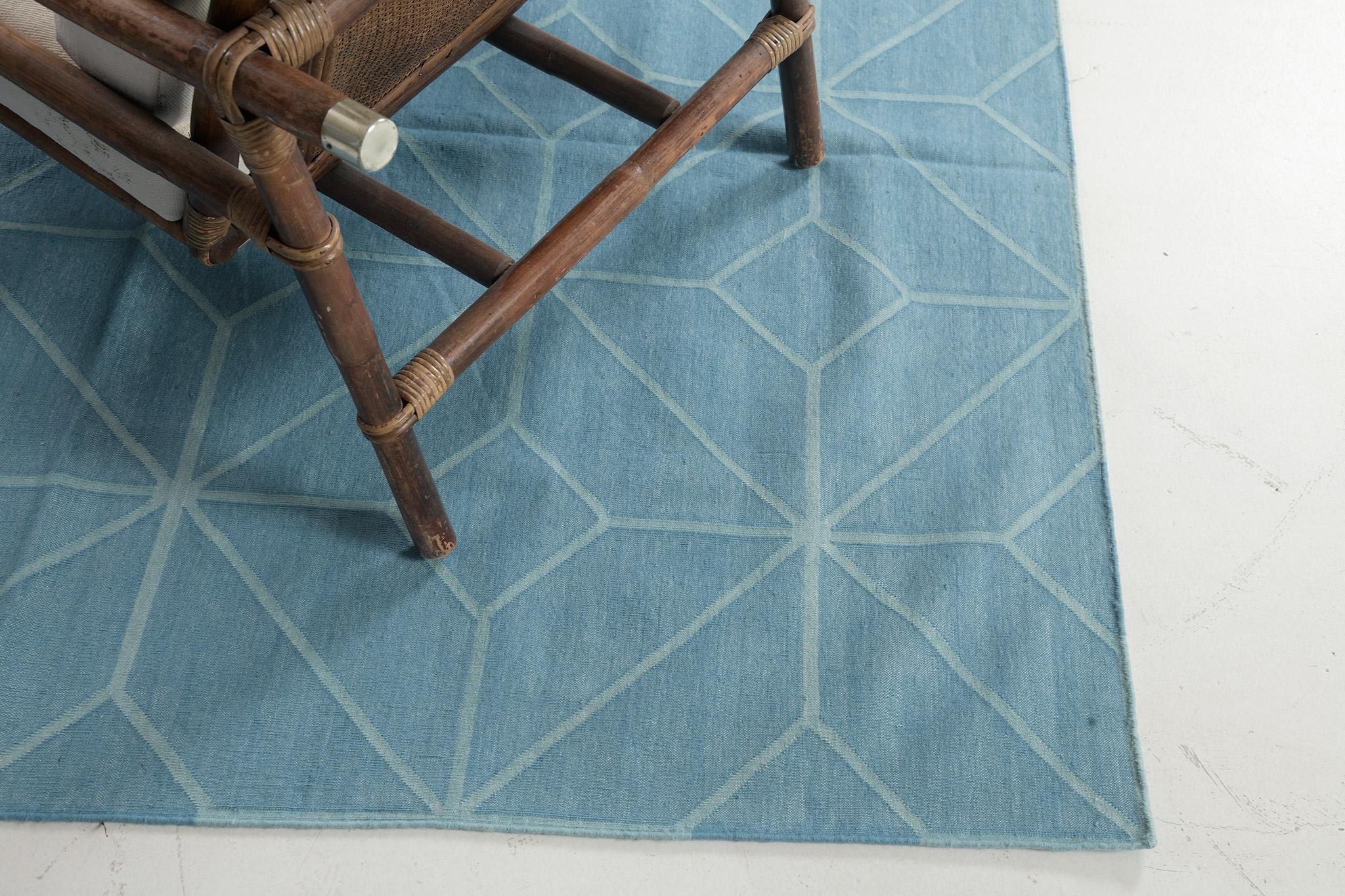 Wool Contemporary Flat-Weave Rug Cielo Collection Diamante Turquoise For Sale