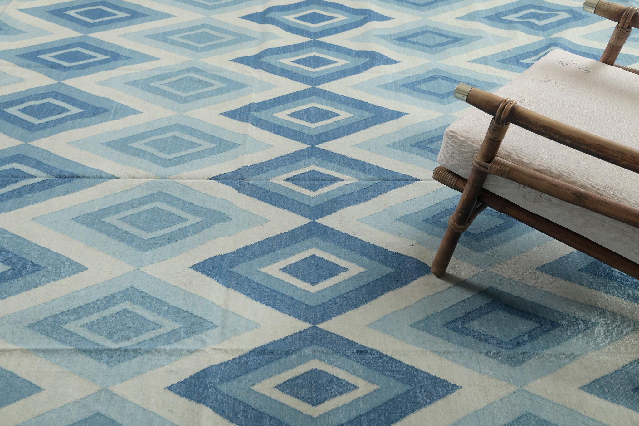 Indian Contemporary Flat-Weave Rug Cielo Collection Permata Turquoise For Sale