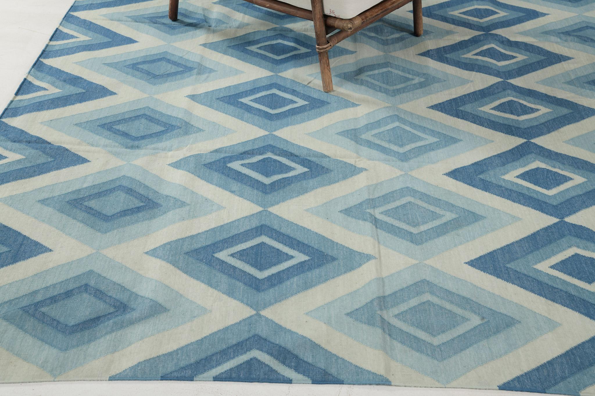 Hand-Knotted Contemporary Flat-Weave Rug Cielo Collection Permata Turquoise For Sale