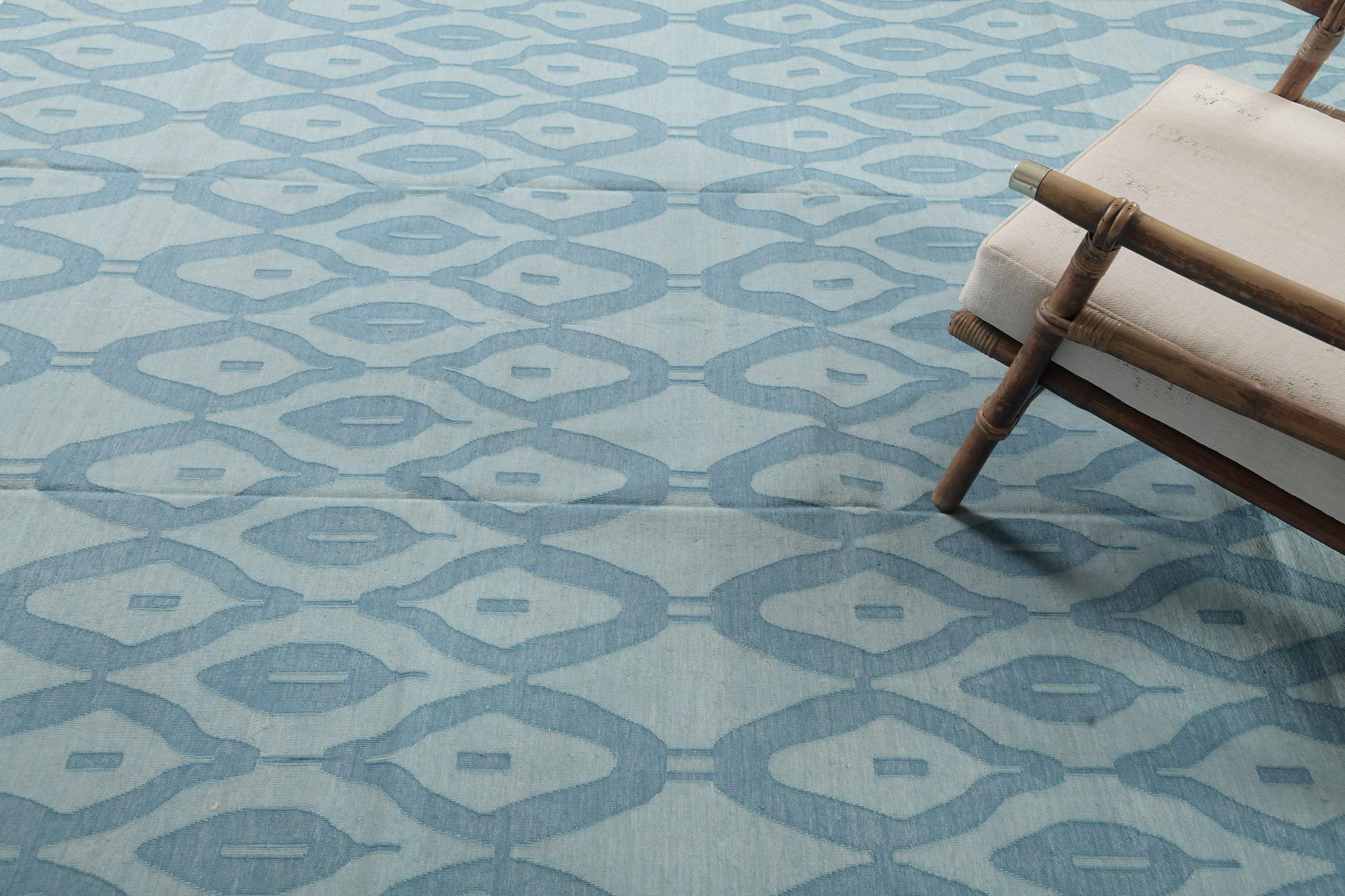 Hand-Knotted Contemporary Flat-Weave Rug Cielo Collection Zag Turquoise For Sale