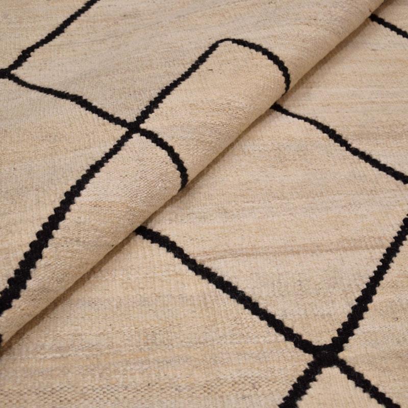Contemporary Flat-Wave Wool Kilim Beige and Black Color 10