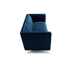 Contemporary Channeled Fleure 3 seater Sofa in Denim Blue Velvet and Brass Legs.