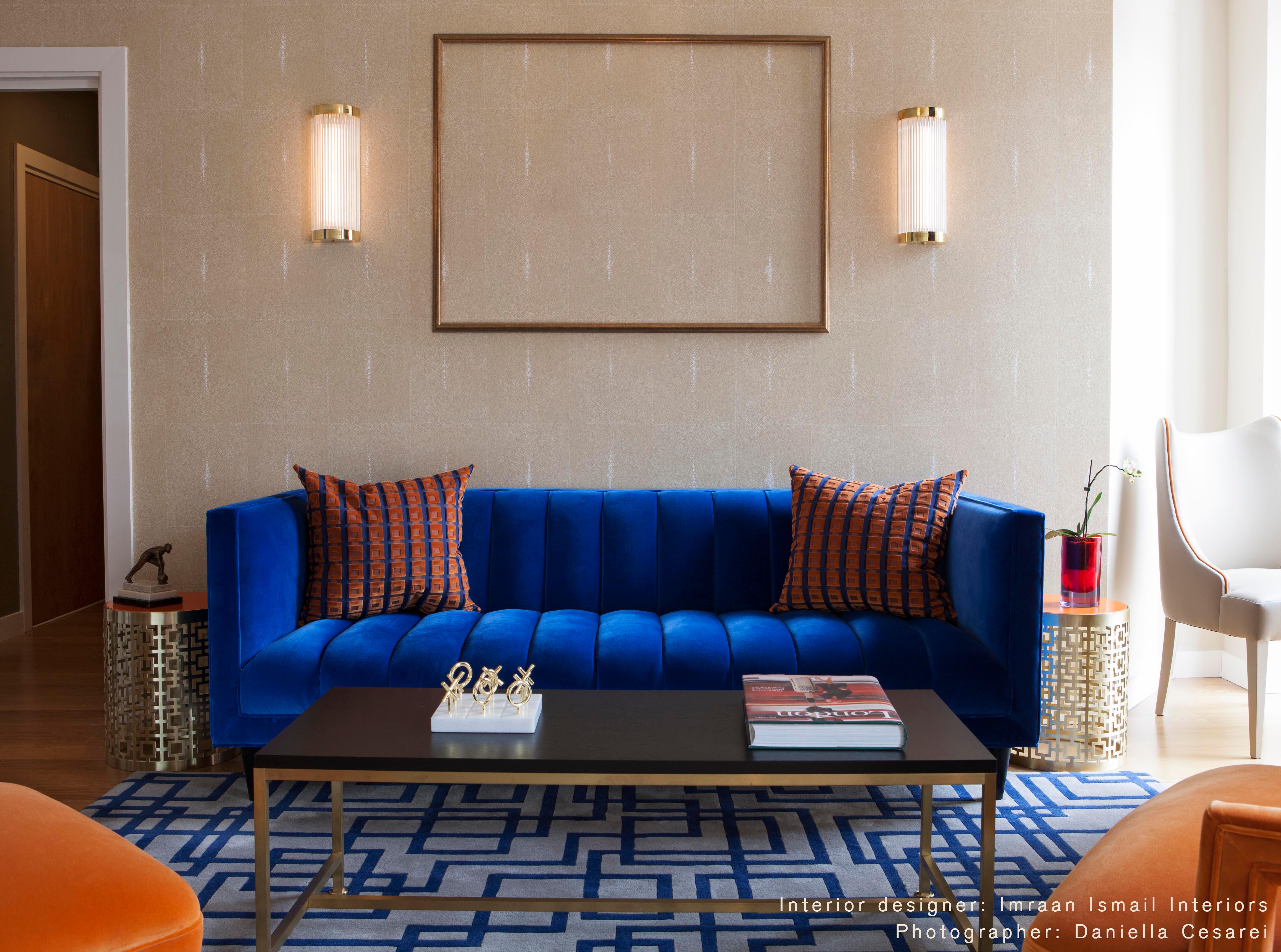 Modern Contemporary Channeled Fleure 3 seater Sofa in Denim Blue Velvet and Brass Legs. For Sale