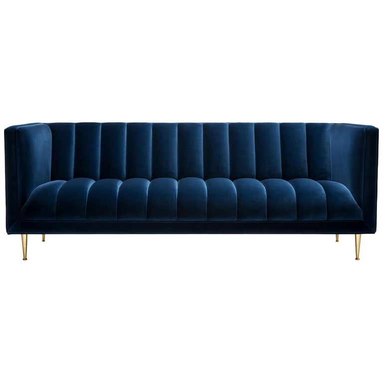 Contemporary Channeled Fleure 3 seater Sofa in Denim Blue Velvet and Brass Legs. For Sale at 1stDibs