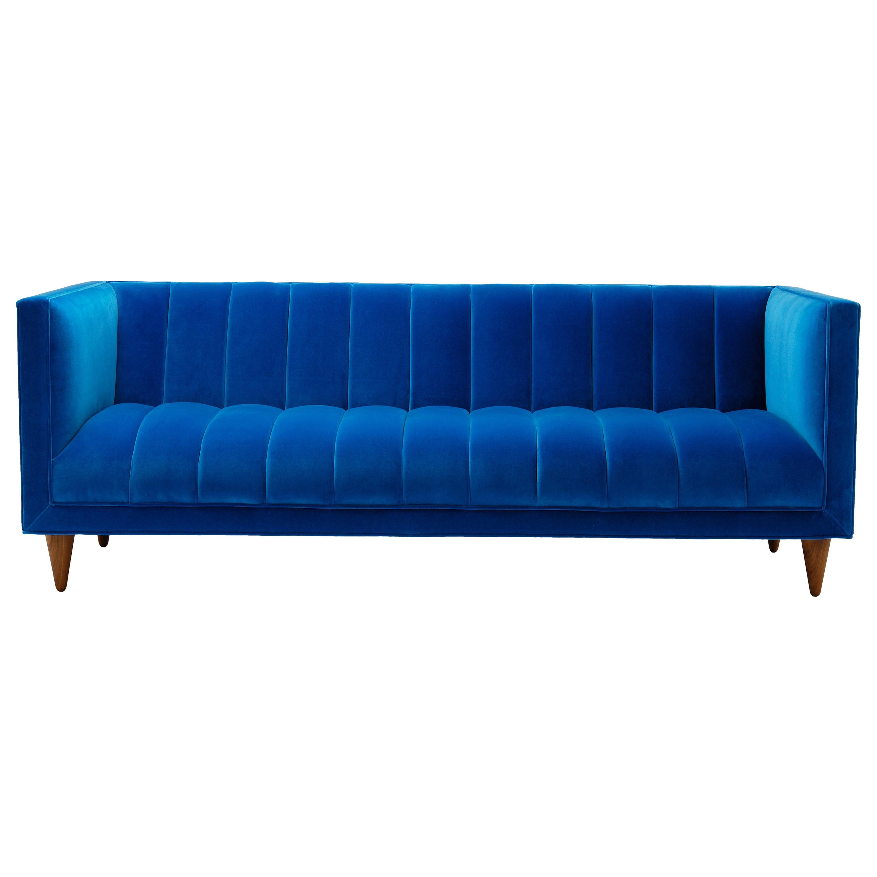 Contemporary Channeled Fleure Sofa in Teal Blue Velvet with Walnut Legs For Sale