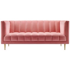Contemporary Channeled Fleure 2-Seat Sofa in Cameo Pink Velvet & Brass, In Stock