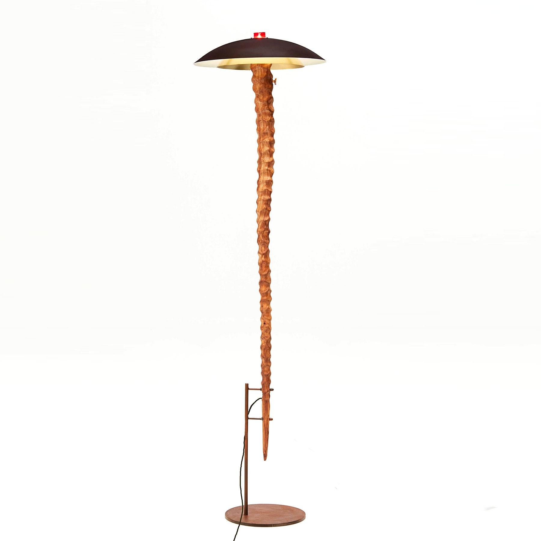 This signature contemporary floor lamp Astar defines uniqueness, movement and grace. It is composed by 3 different pieces:
1) A double shade of brushed brass and painted iron placed on a blown glass into which is the bulb (halogen 150W). 
2) A