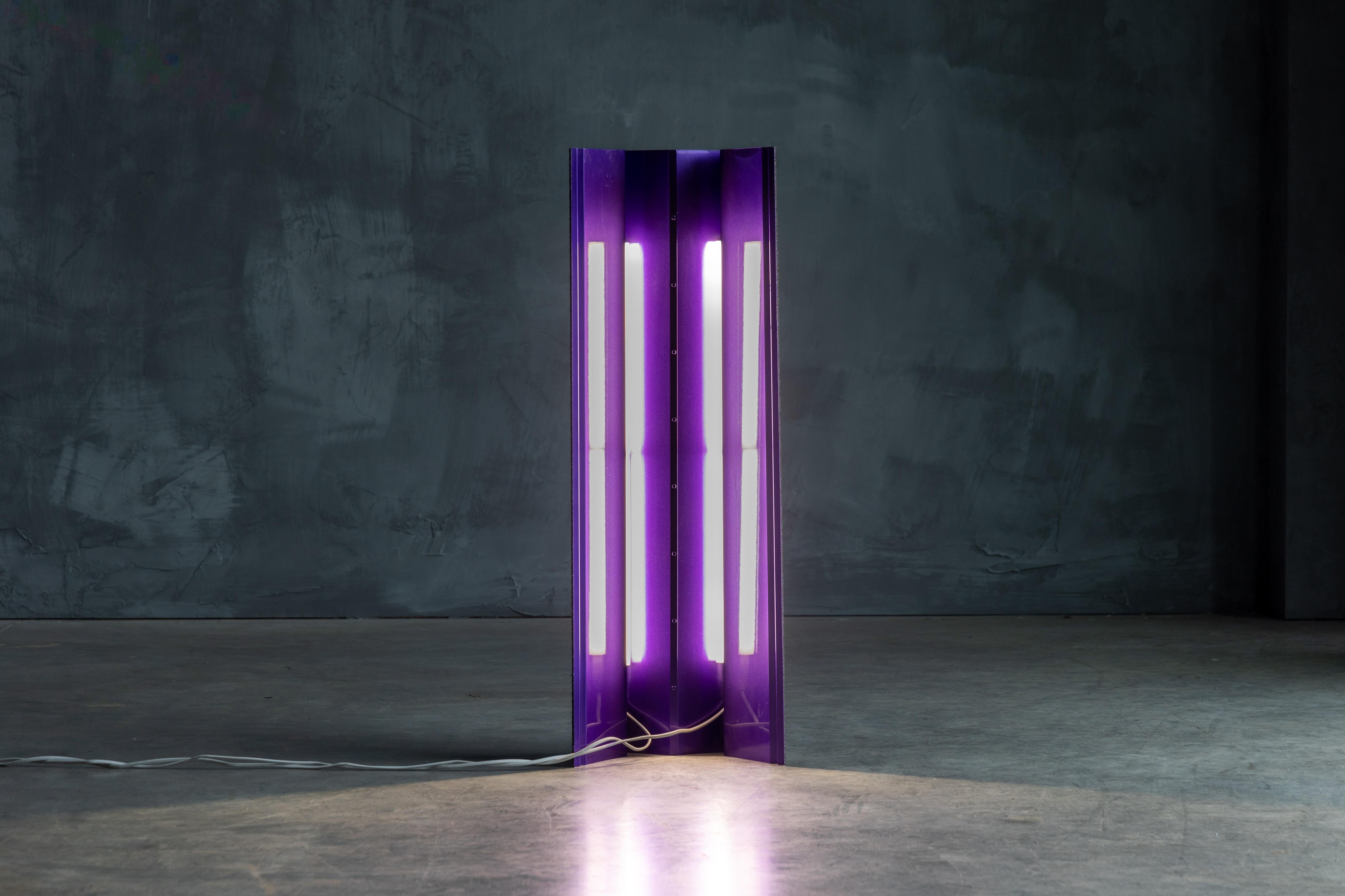 Floor lamp by Koos Breen, a standout creation featured at READY, SET, GO! Presented by Better Know As Collective during the prestigious Salone Del Mobile, Milan 2018. Crafted from purple lacquered aluminum, its striking hue adds a pop of color while