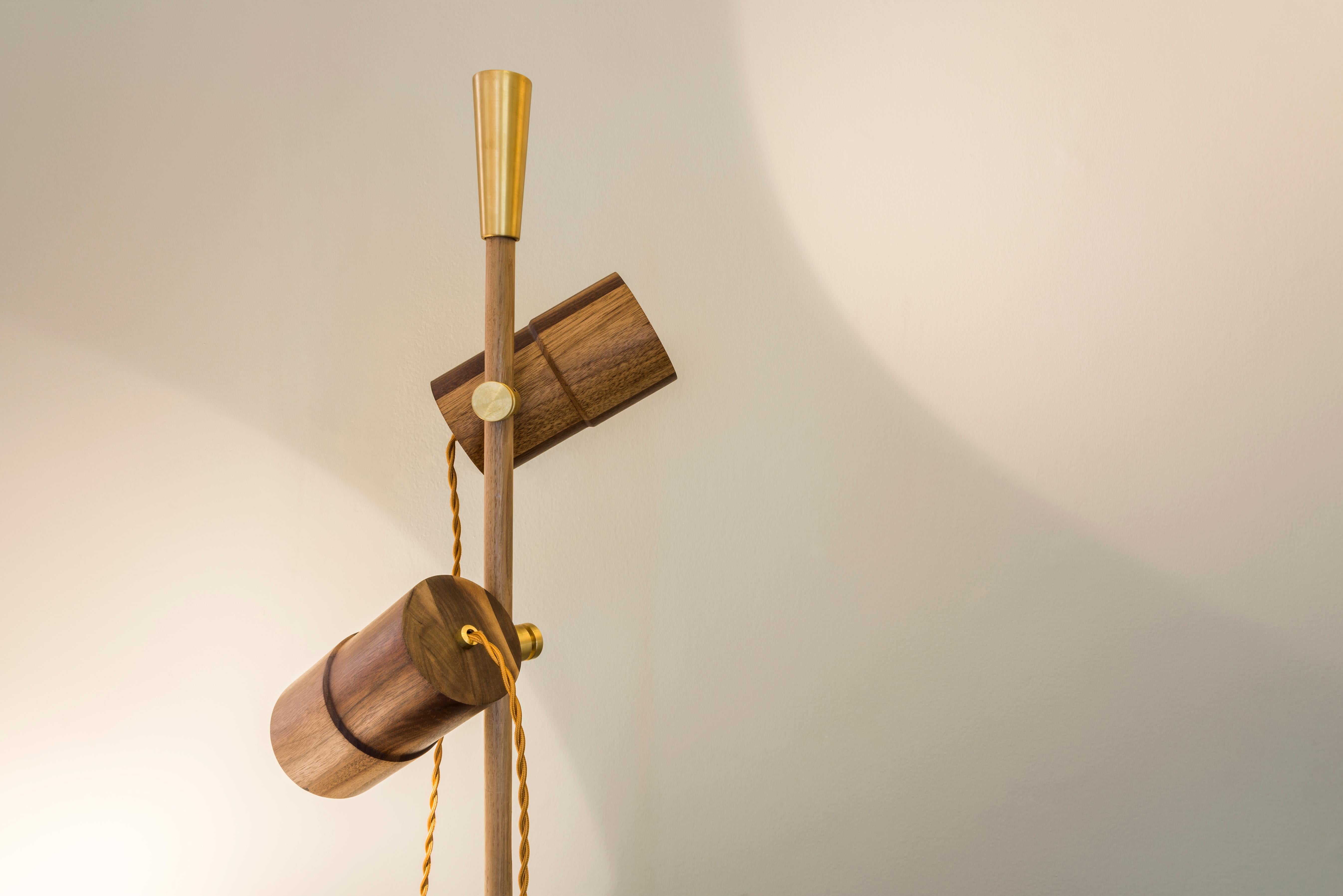 Felina floor lamp are inspired by the simplicity of basic geometric forms, allowing materials - mainly machined solid brass and walnut - to express their inherent qualities. Each piece is designed to be a gleam of light that elegantly shines while