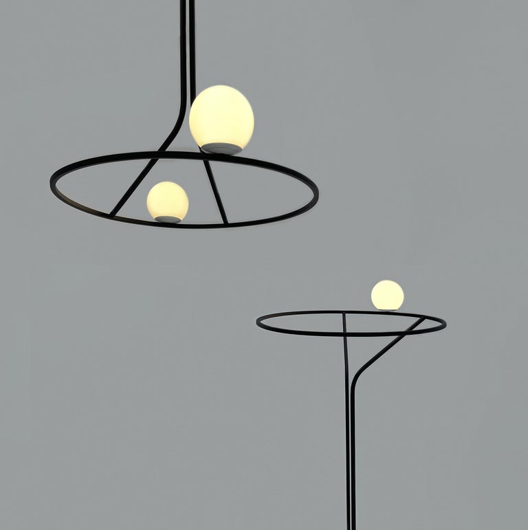 Contemporary floor Lamp "Na Linii", handcrafted with opal glass by