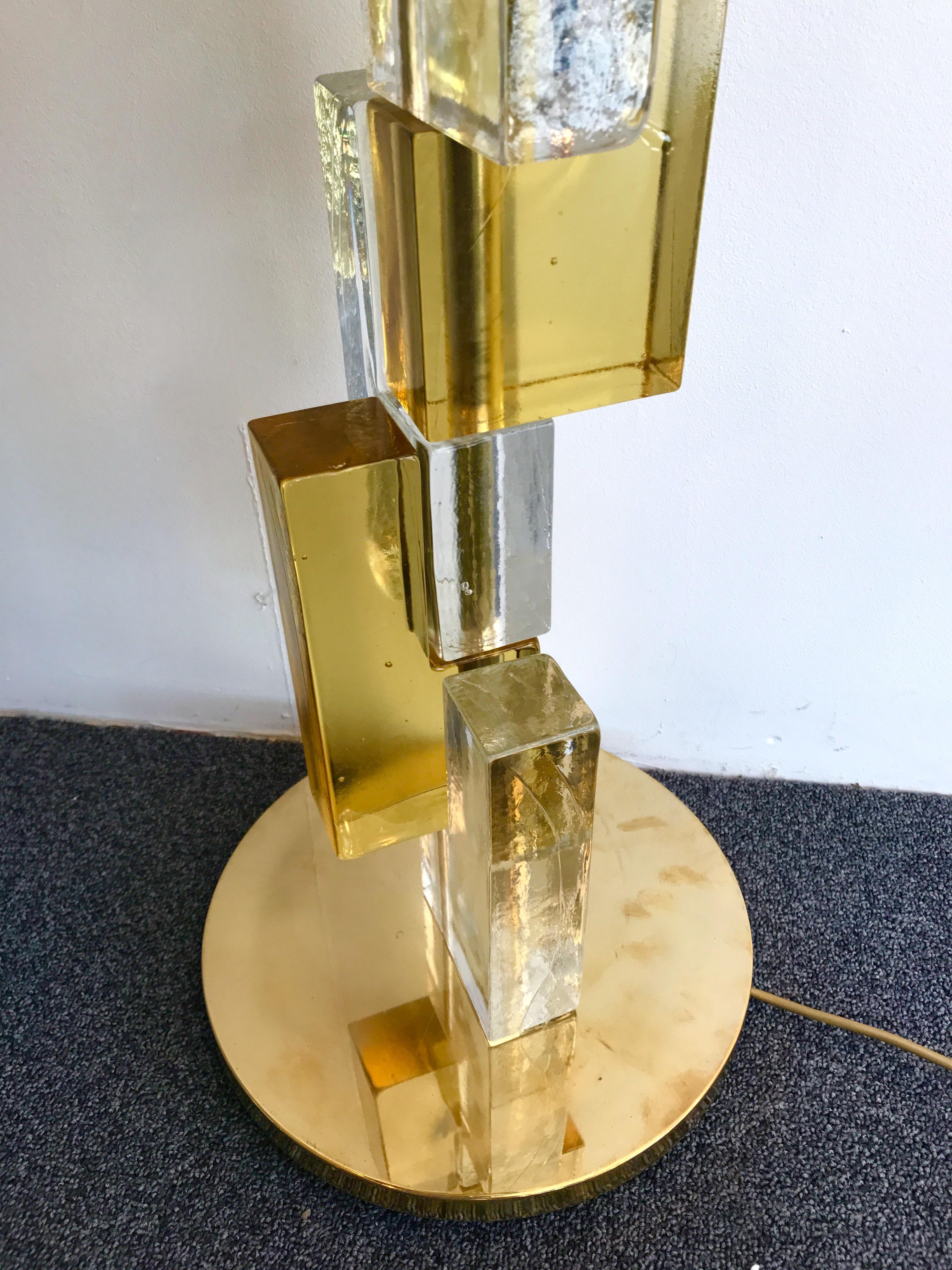Huge cubic floor lamp in contemporary Murano pressed glass. Very quality glass block construction. Possible to make a pair. In the manner of Poliarte, Mazzega, Carlo Nason, Venini, Vistosi, La Murrina.

Brass lampshade not included, on order.
PRICE