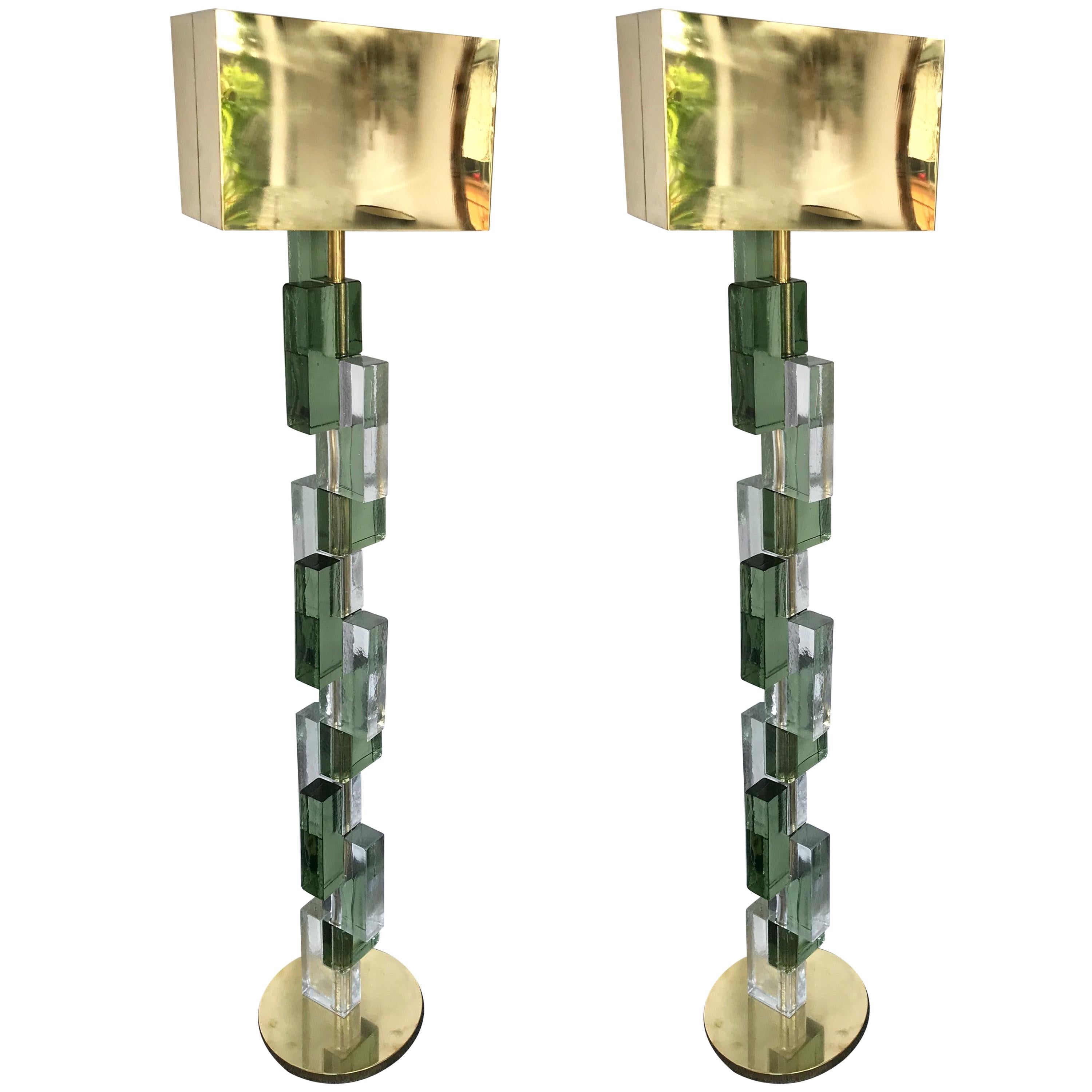 Contemporary Floor Lamps Cubic Murano Glass and Brass, Italy